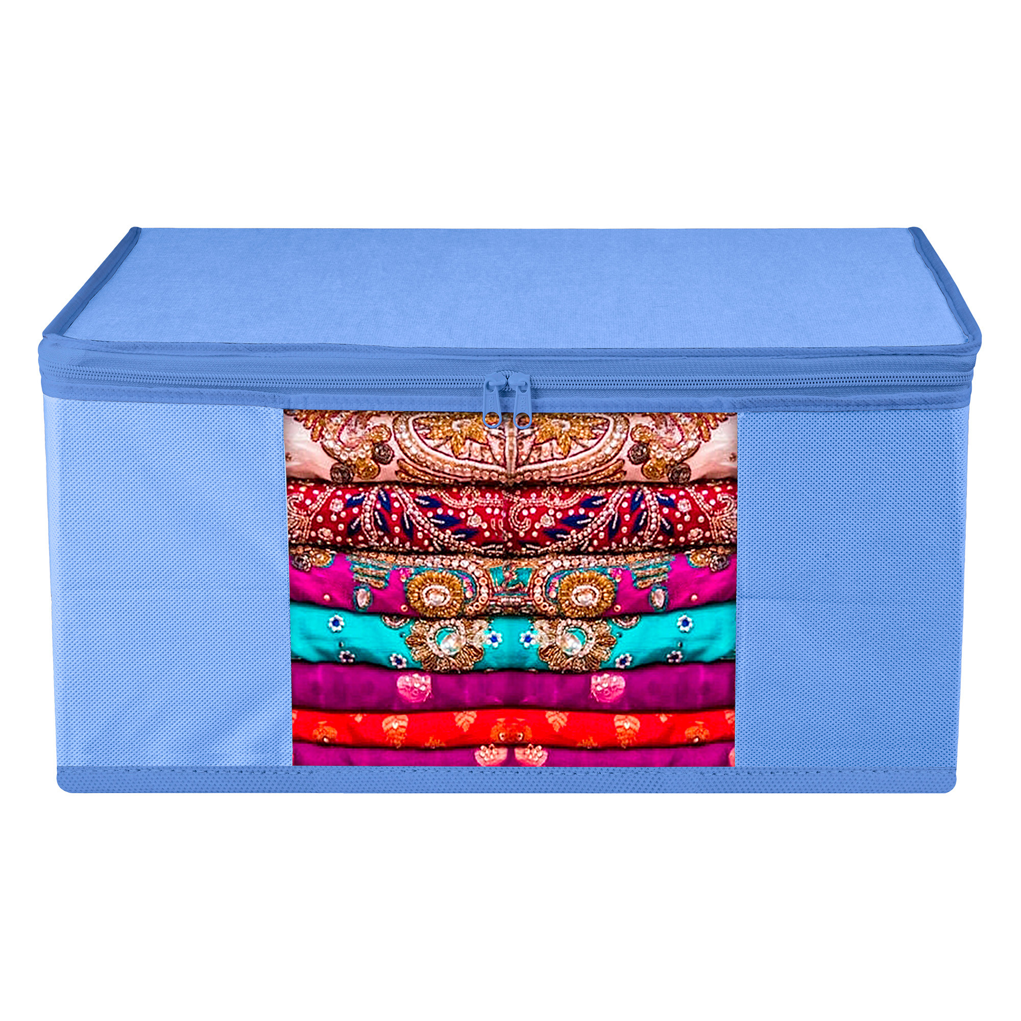 Kuber Industries Saree Cover | Clothes Storage Bag | Wardrobe Organizer | Zip Closure Saree Cover | Transparent Window Saree Cover | Plain Saree Cover | 9 Inch |Light Blue