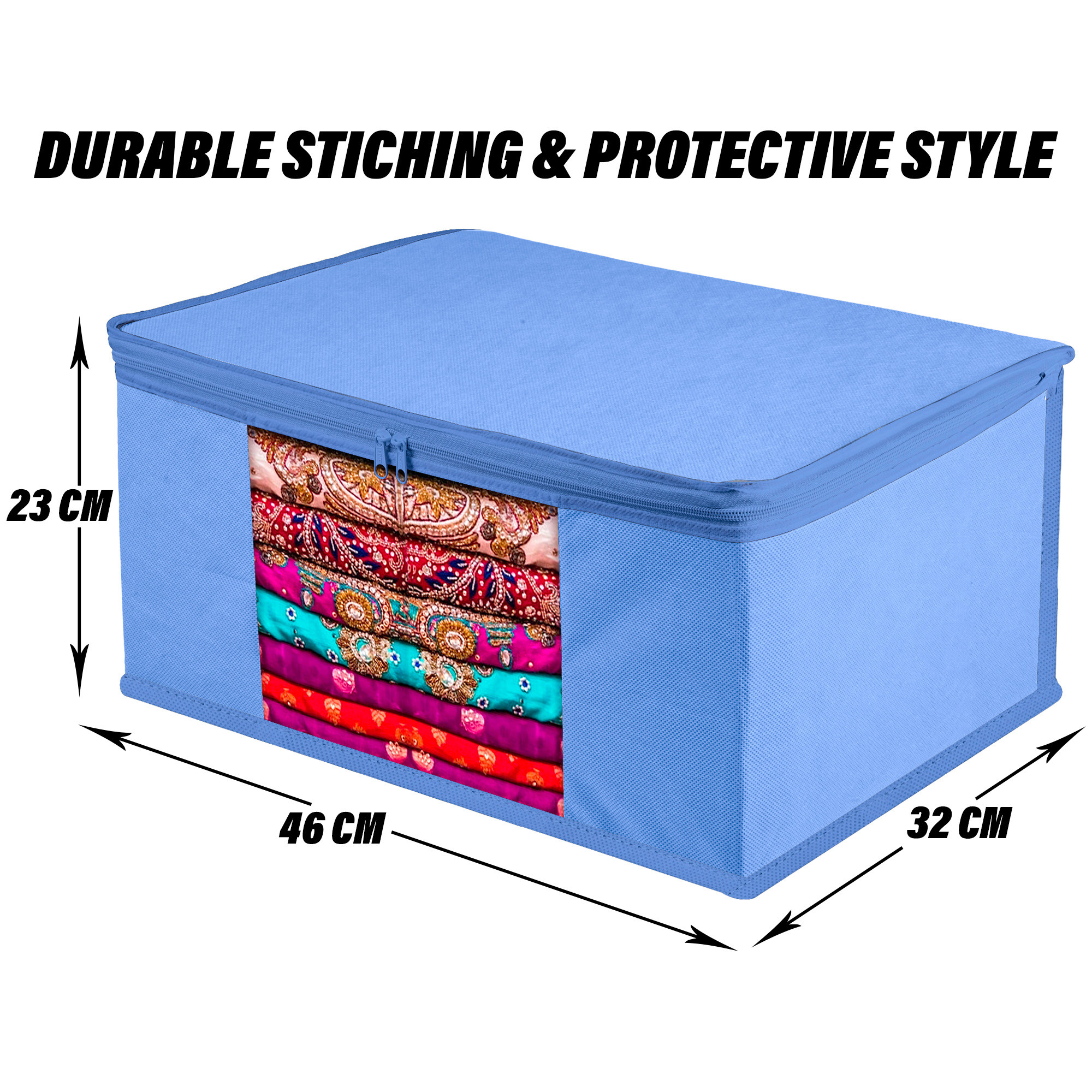 Kuber Industries Saree Cover | Clothes Storage Bag | Wardrobe Organizer | Zip Closure Saree Cover | Transparent Window Saree Cover | Plain Saree Cover | 9 Inch |Light Blue