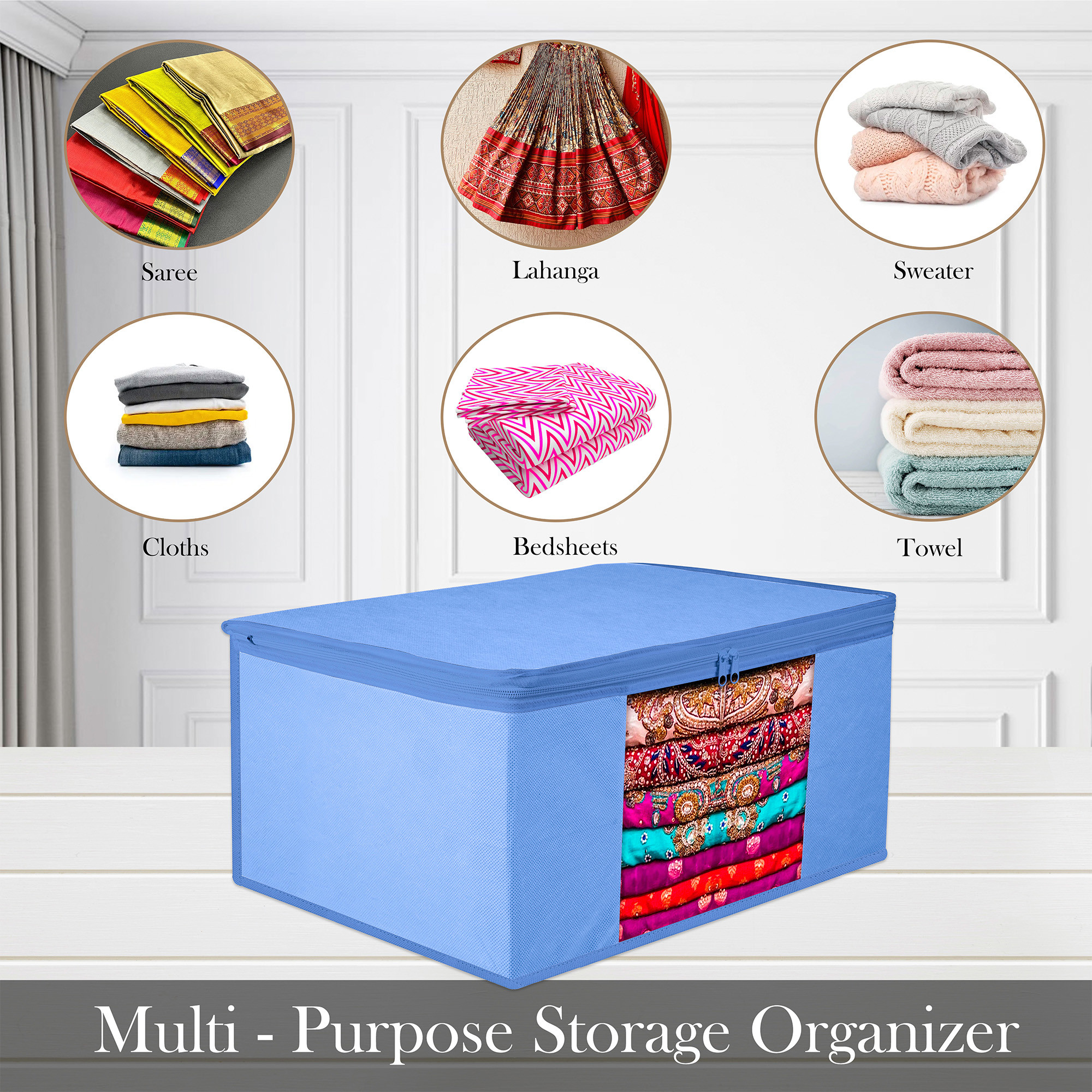 Kuber Industries Saree Cover | Clothes Storage Bag | Wardrobe Organizer | Zip Closure Saree Cover | Transparent Window Saree Cover | Plain Saree Cover | 9 Inch |Light Blue
