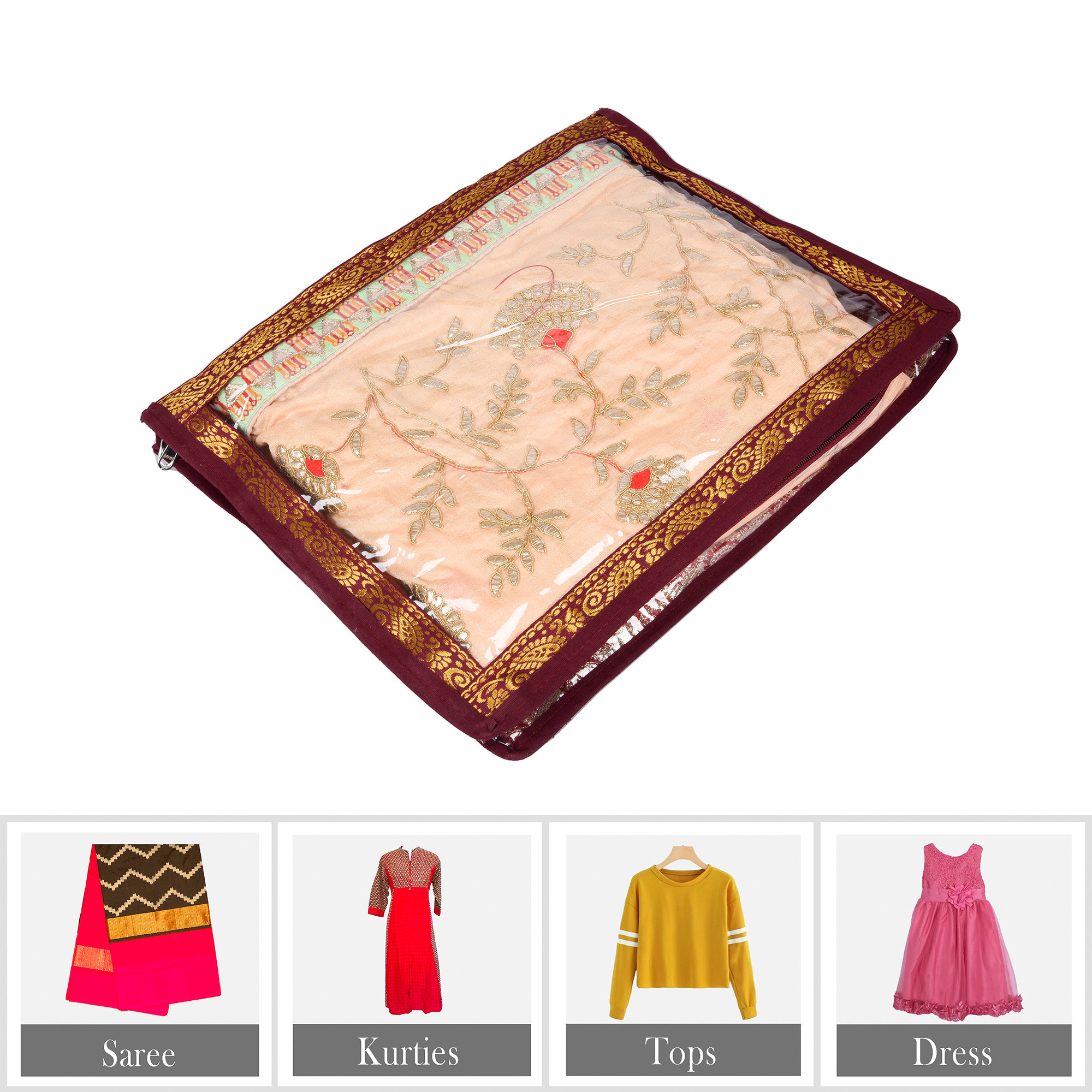 Kuber Industries Saree Cover  Clothes Storage Bag  Zip Closure Saree Cover  Top Transparent Wardrobe Organizer  Cloth Storage Organizer  Jama Carry Saree Cover  3 Inch  Maroon