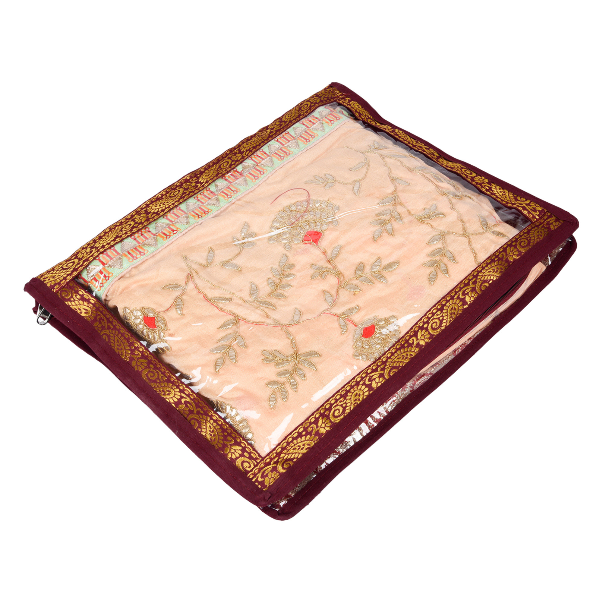 Kuber Industries Saree Cover | Clothes Storage Bag | Zip Closure Saree Cover | Top Transparent Wardrobe Organizer | Cloth Storage Organizer | Jama Carry Saree Cover | 3 Inch | Maroon