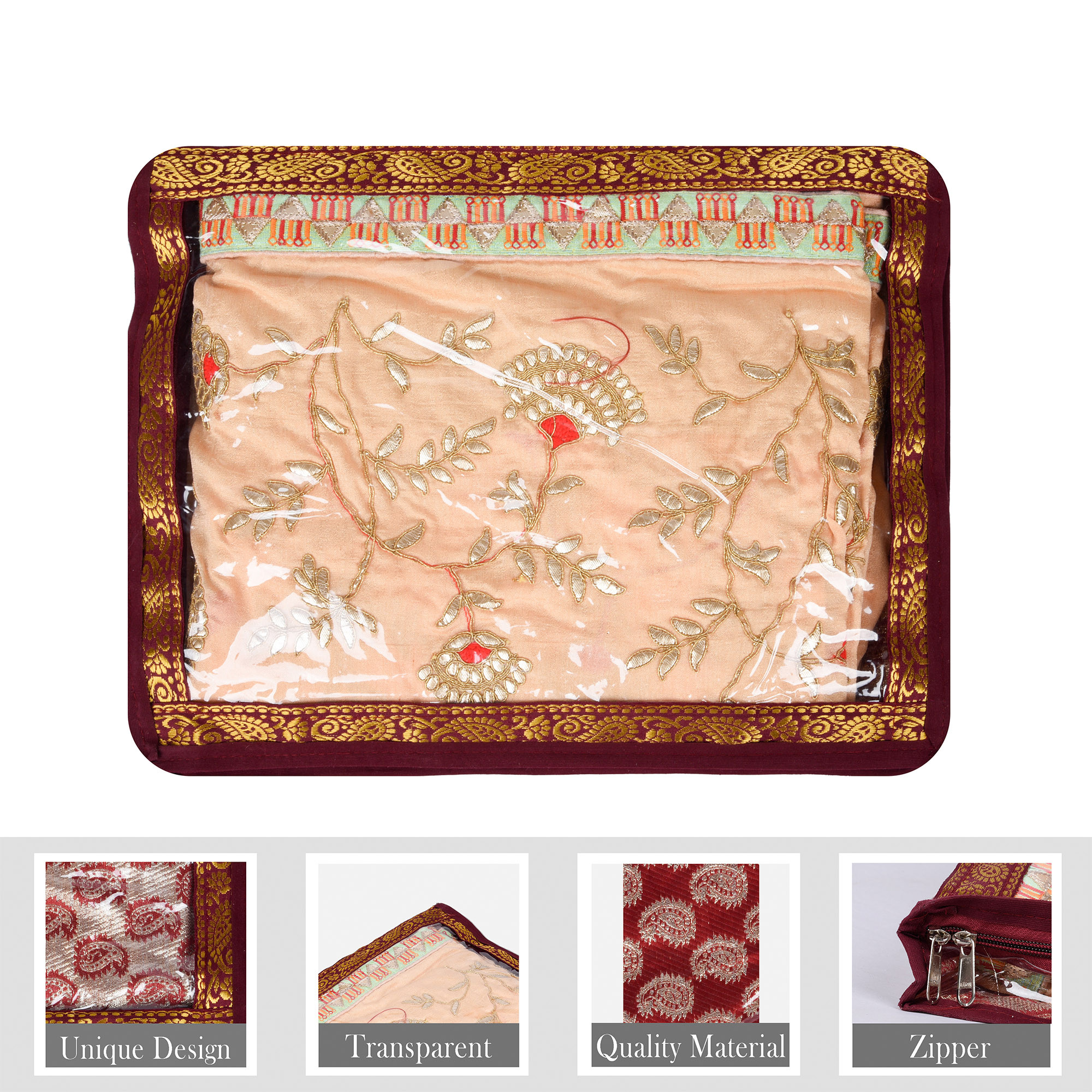Kuber Industries Saree Cover | Clothes Storage Bag | Zip Closure Saree Cover | Top Transparent Wardrobe Organizer | Cloth Storage Organizer | Jama Carry Saree Cover | 3 Inch | Maroon