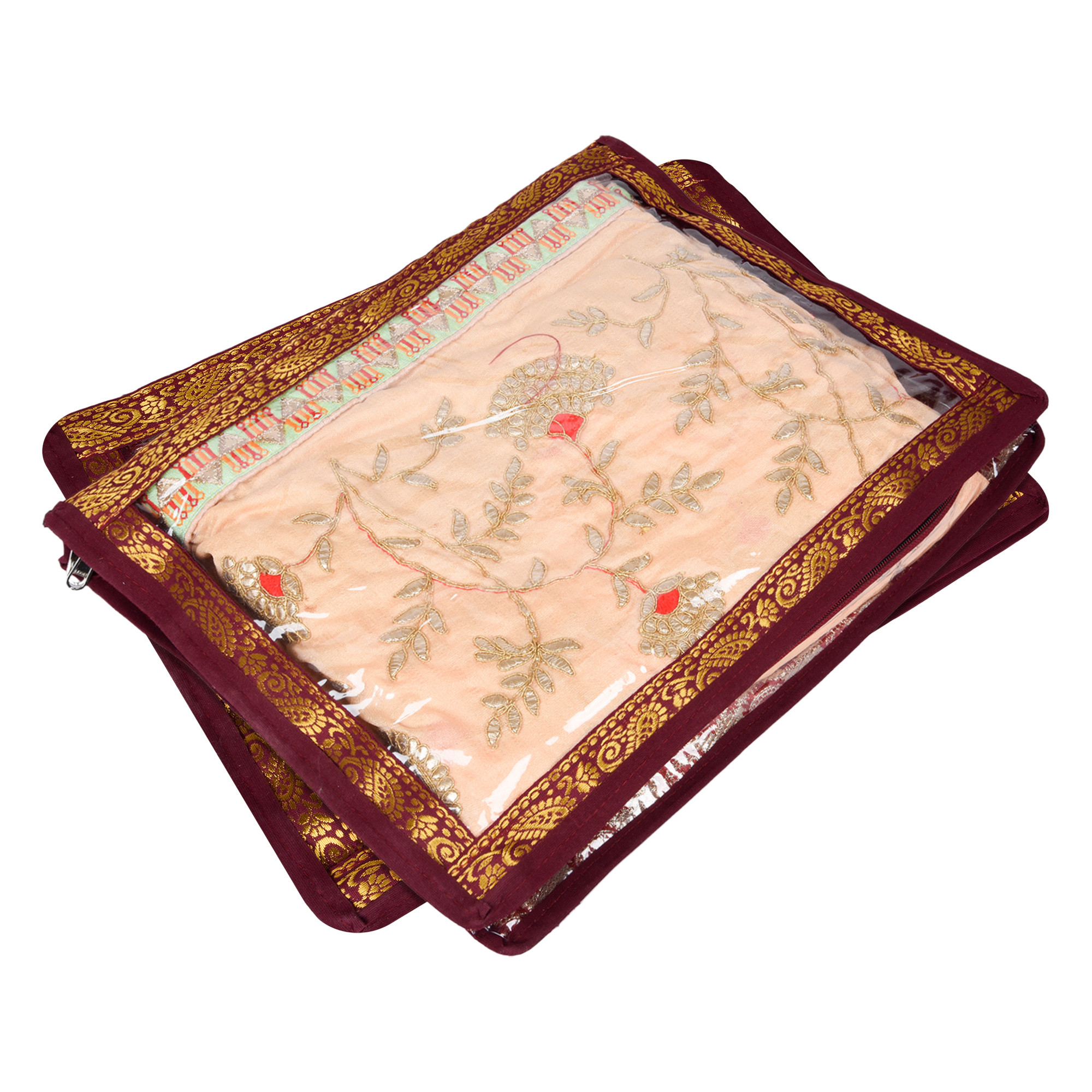 Kuber Industries Saree Cover | Clothes Storage Bag | Zip Closure Saree Cover | Top Transparent Wardrobe Organizer | Cloth Storage Organizer | Jama Carry Saree Cover | 3 Inch | Maroon