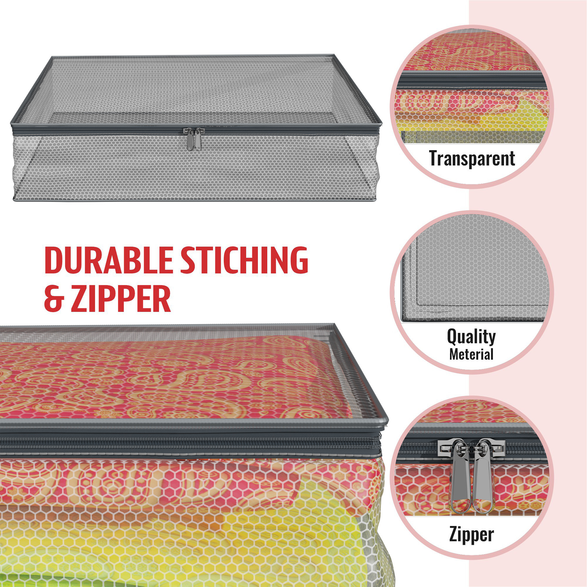 Kuber Industries Saree Cover  Clothes Storage Bag  Zip Closure Saree Cover  Wardrobe Organizer  Cloth Storage Organiser  Mesh Transparent Saree Cover  3 Inch  Pack of 3  Gray