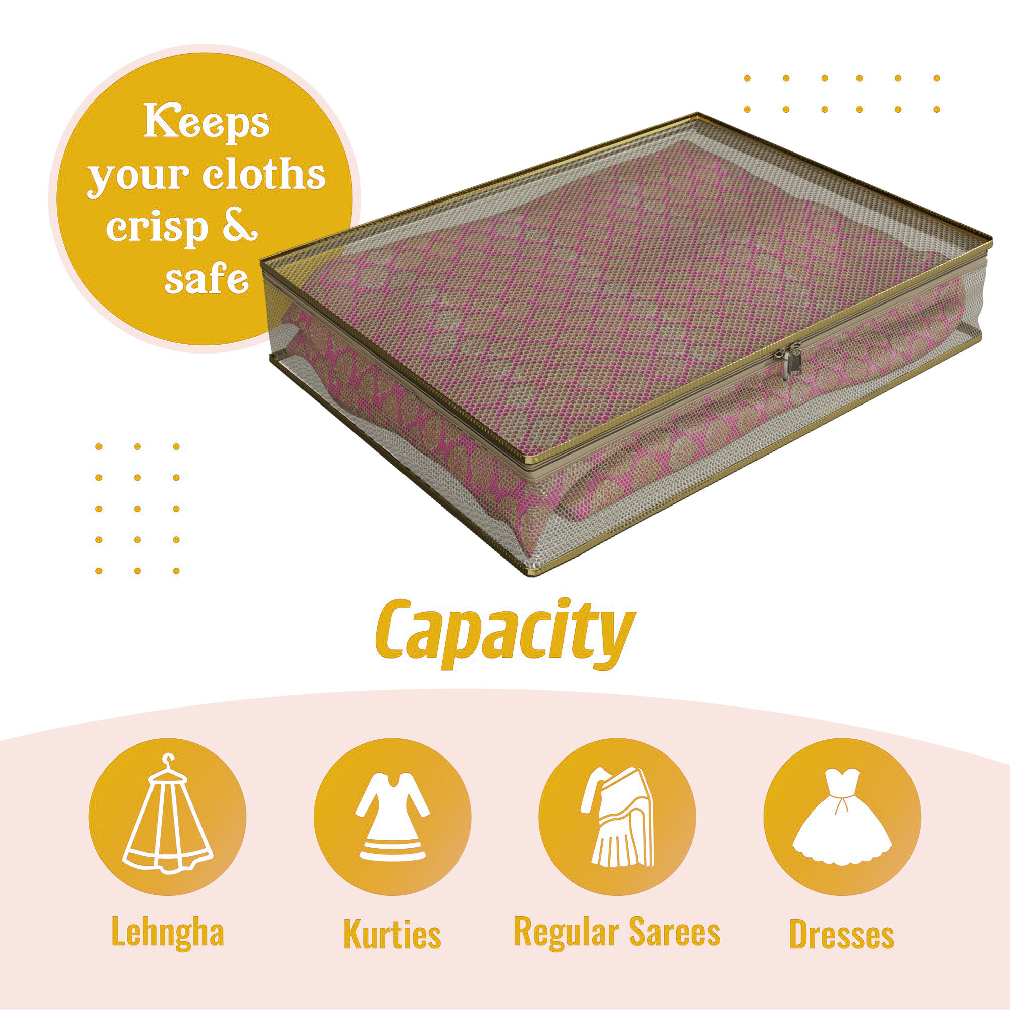 Kuber Industries Saree Cover  Clothes Storage Bag  Zip Closure Saree Cover  Wardrobe Organizer  Cloth Storage Organiser  Mesh Transparent Saree Cover  3 Inch  Pack of 3  Golden