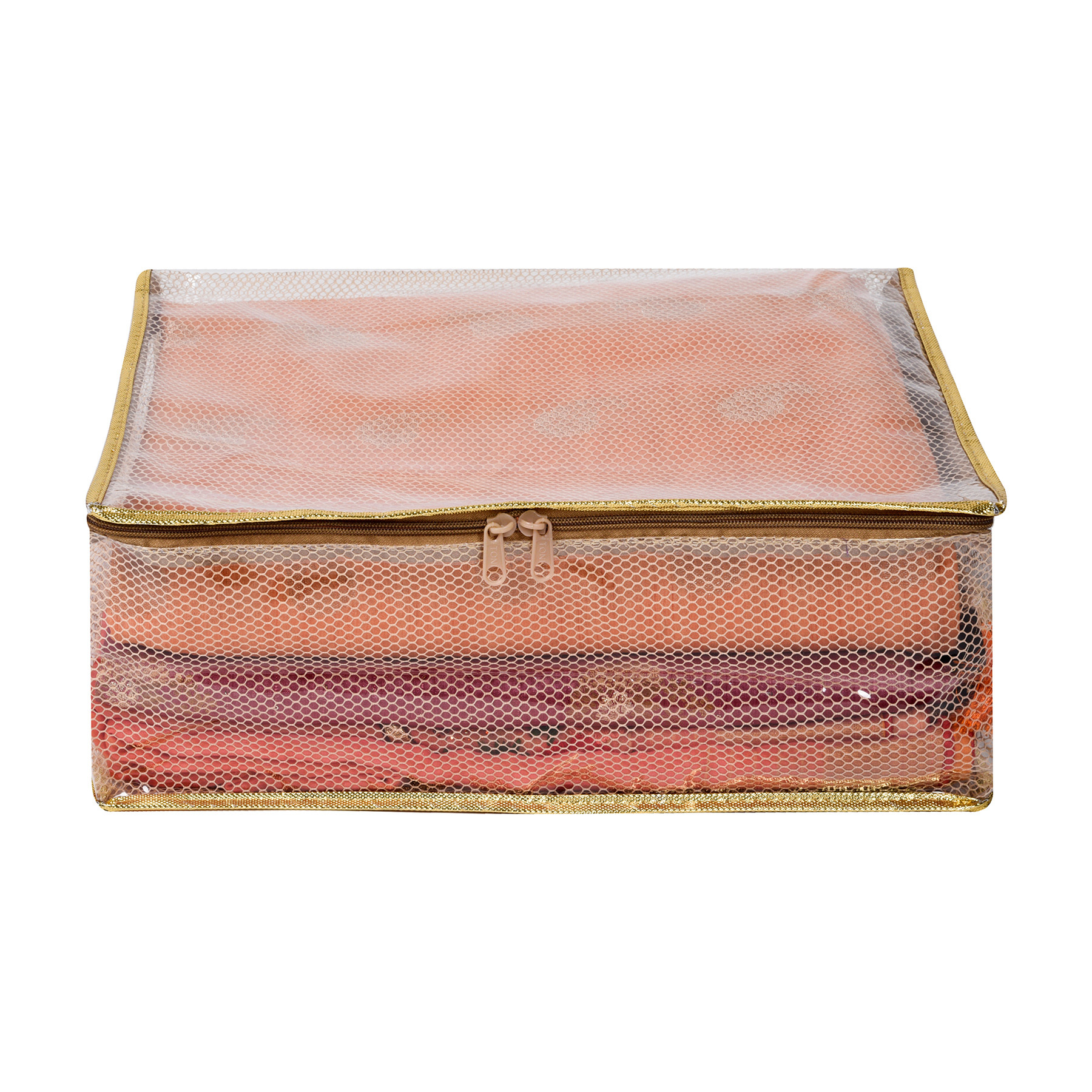 Kuber Industries Saree Cover  Golden Lace PVC Laminated Net Saree Cover  Wardrobe Saree Organizer  Garment Storage Bag  Clothes Storage Bag  Pack of 2  Transparent