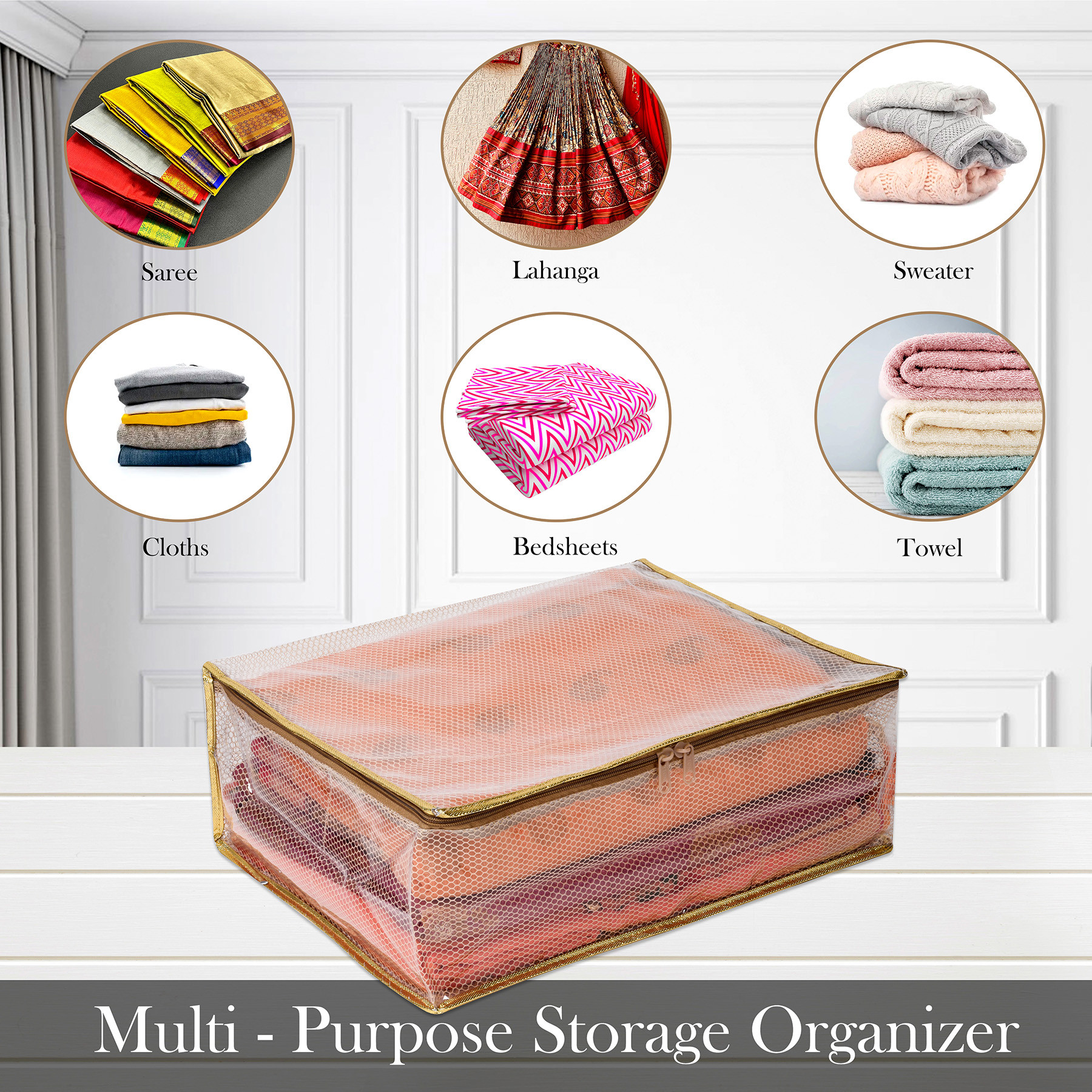 Kuber Industries Saree Cover  Golden Lace PVC Laminated Net Saree Cover  Wardrobe Saree Organizer  Garment Storage Bag  Clothes Storage Bag  Pack of 2  Transparent