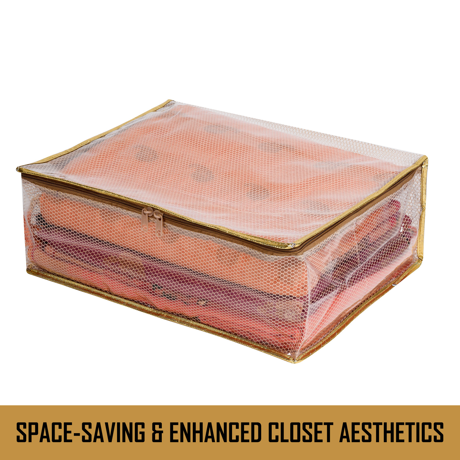 Kuber Industries Saree Cover  Golden Lace PVC Laminated Net Saree Cover  Wardrobe Saree Organizer  Garment Storage Bag  Clothes Storage Bag  Pack of 2  Transparent