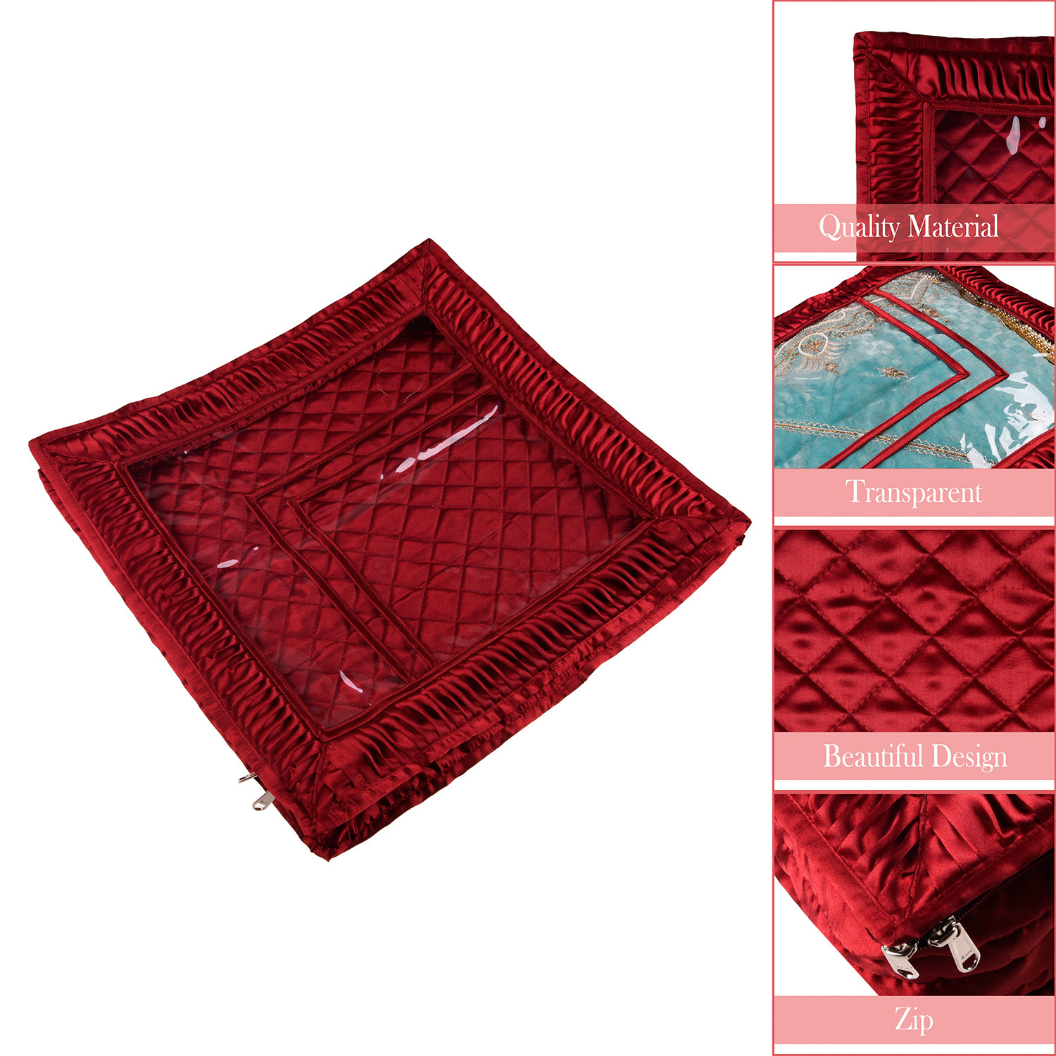 Kuber Industries Saree Cover | Soft Satin Foldable Lehanga Cover for Woman | Pleated Frill Border Clothes Storage Bag with Transparent Top | Maroon