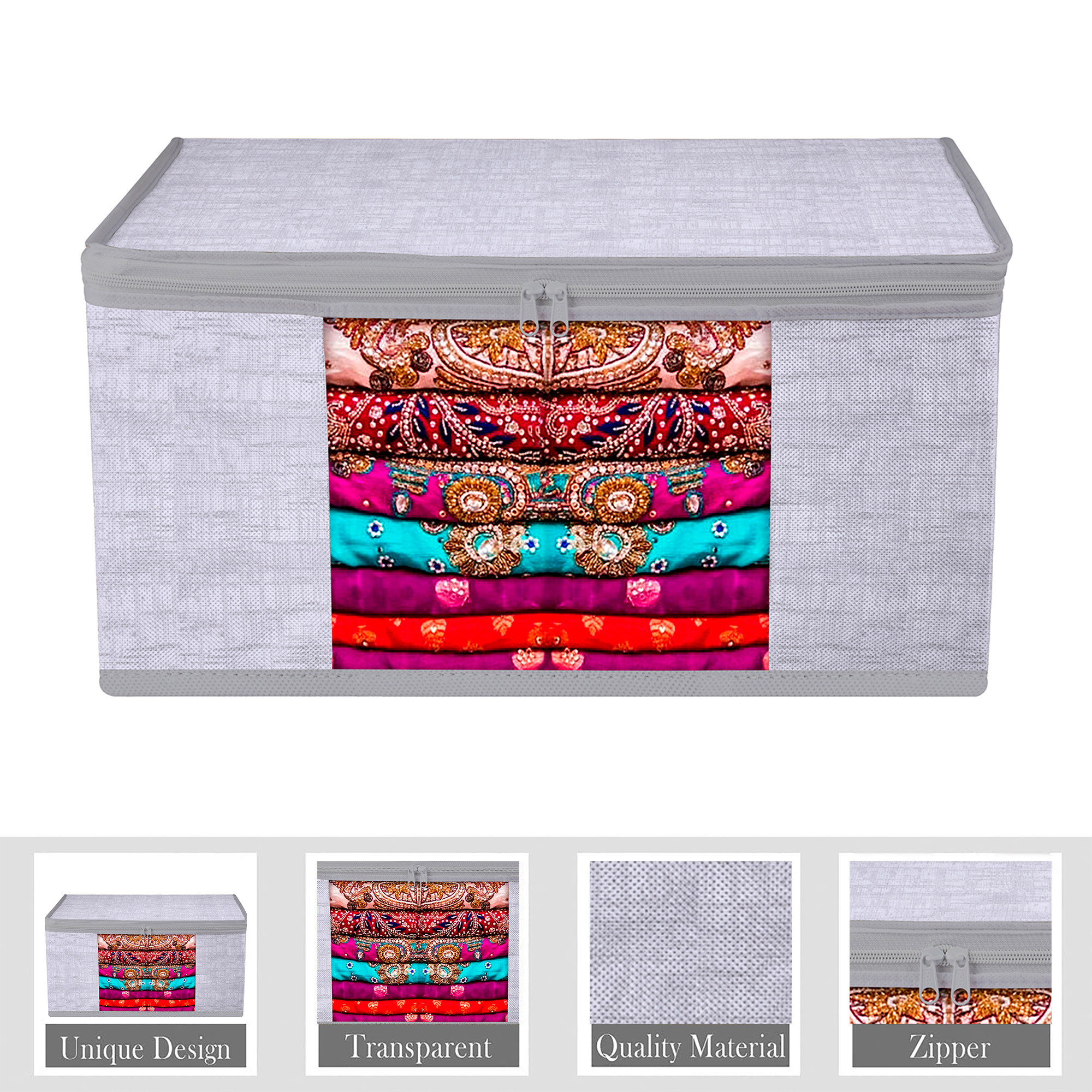 Kuber Industries Saree Cover  Zip Closure Saree Cover  Clothes Storage Bag  Wardrobe Organizer  Transparent Window Saree Cover  Jute Printed  9 Inch  Pack of 3  Gray