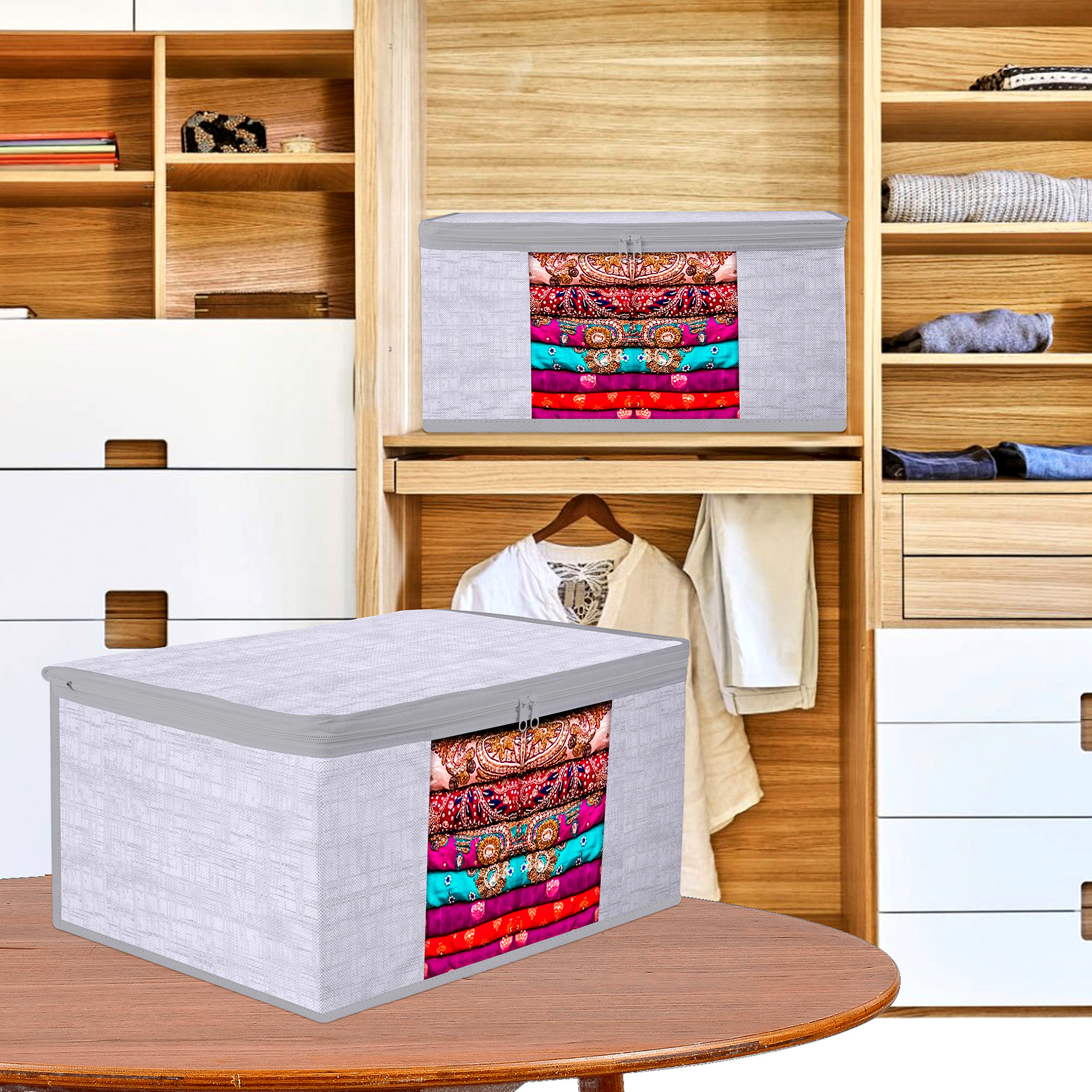 Kuber Industries Saree Cover  Zip Closure Saree Cover  Clothes Storage Bag  Wardrobe Organizer  Transparent Window Saree Cover  Jute Printed  9 Inch  Pack of 3  Gray