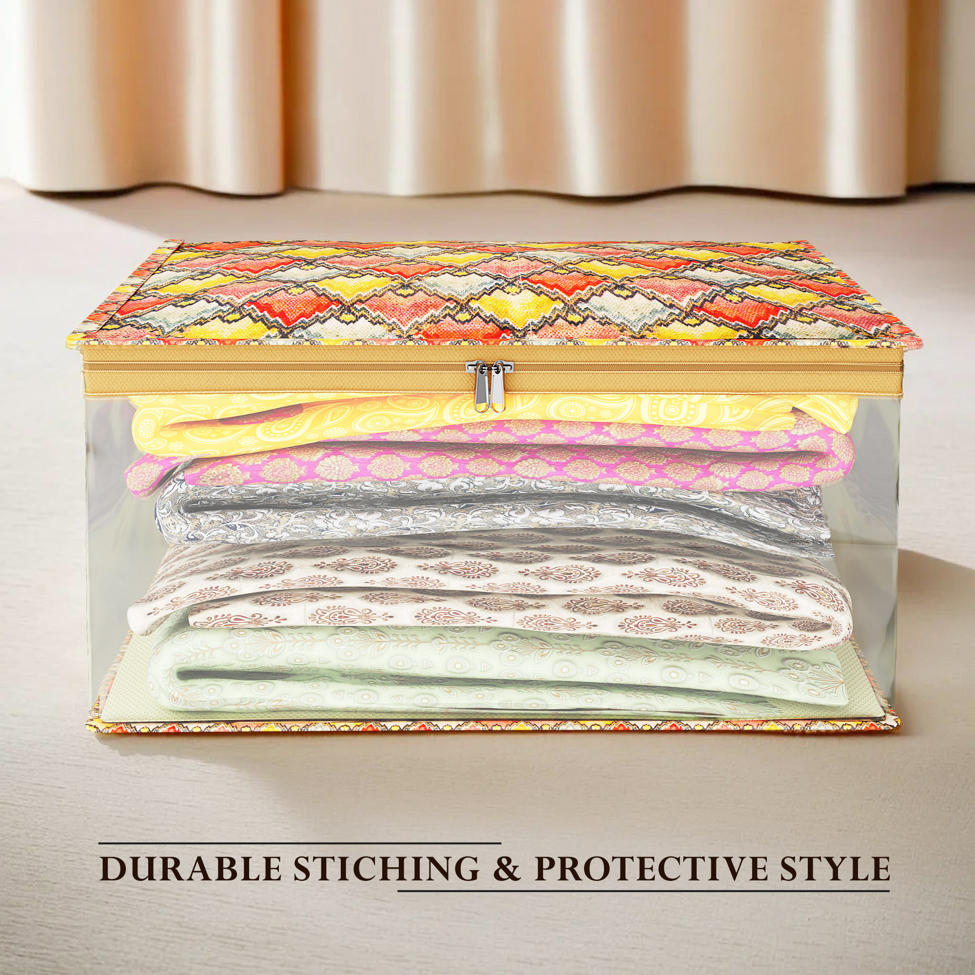 Kuber Industries Saree Cover  Zip Closure Saree Cover  Clothes Storage Bag  Wardrobe Organizer  Transparent Window Saree Cover  Check Saree Cover  9 Inch  Multicolor