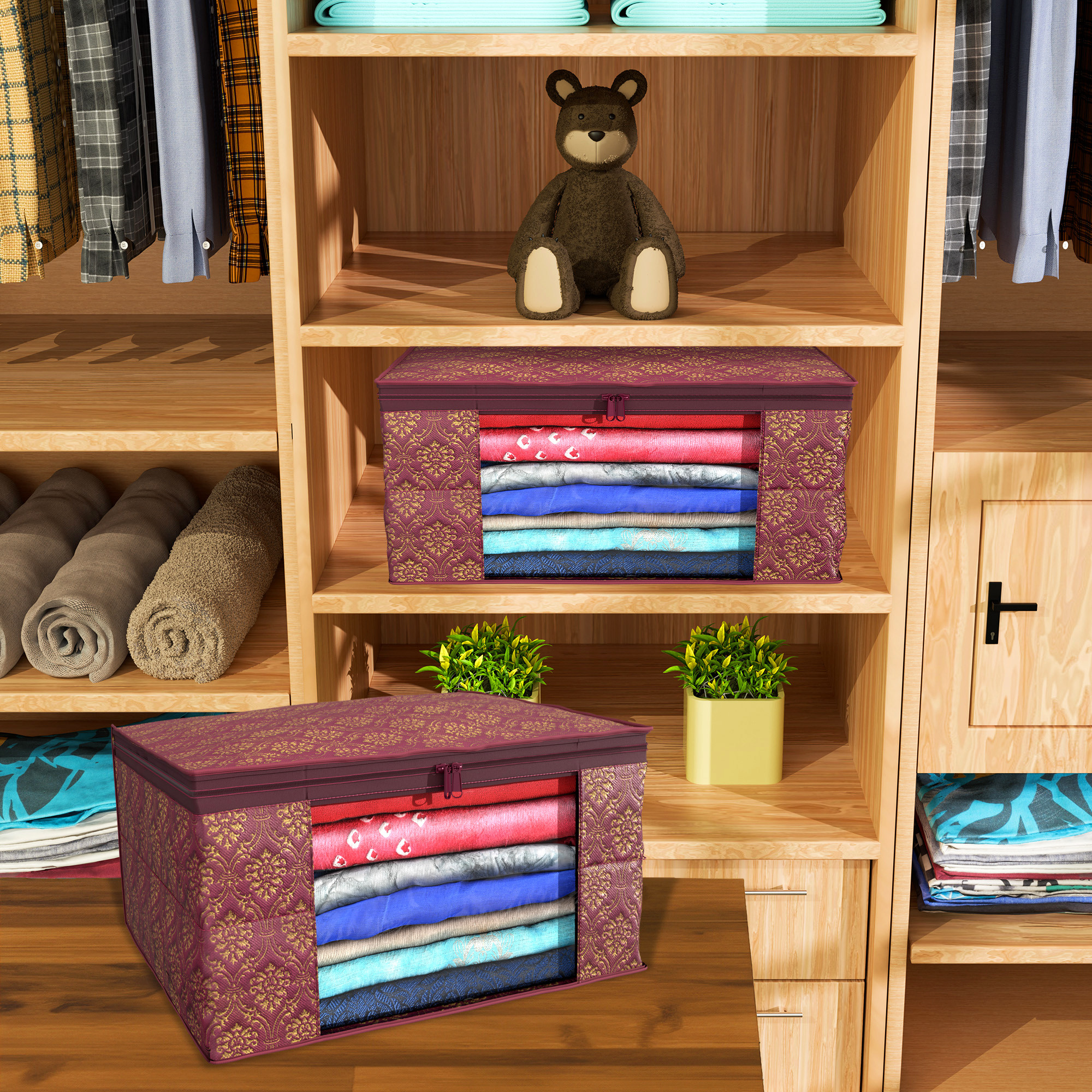 Kuber Industries Saree Cover  Zip Closure Saree Cover  Clothes Storage Bag  Wardrobe Organizer  Transparent Window Saree Cover  Golden Printed  9 Inch  Pack of 3  Maroon