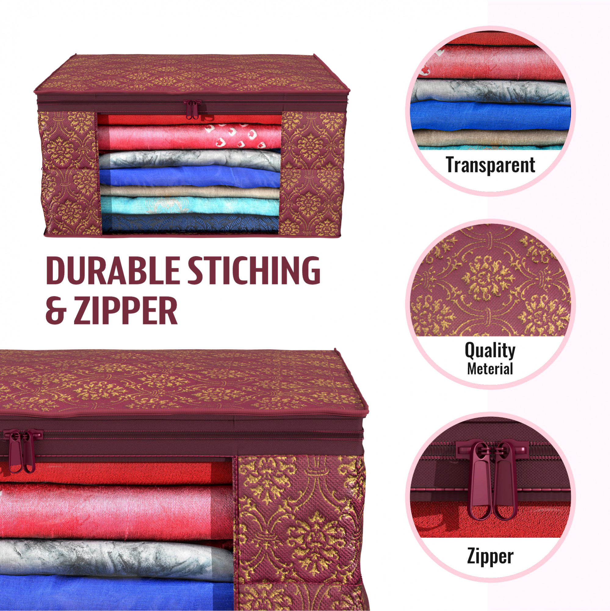 Kuber Industries Saree Cover  Zip Closure Saree Cover  Clothes Storage Bag  Wardrobe Organizer  Transparent Window Saree Cover  Golden Printed  9 Inch  Pack of 3  Maroon