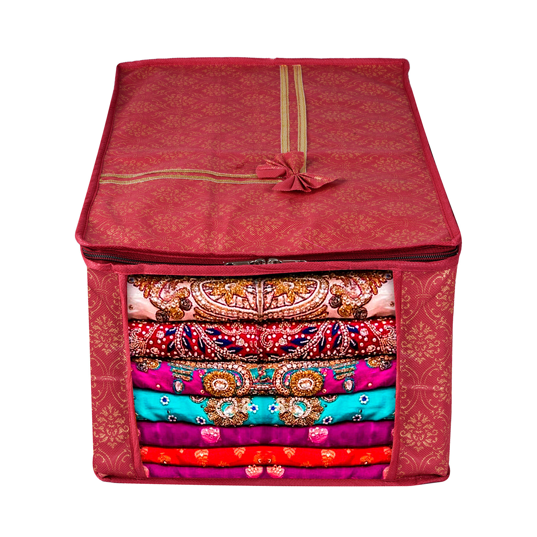 Kuber Industries Saree Cover  Zip Closure Saree Cover  Clothes Storage Bag  Wardrobe Organizer  Transparent Window Saree Cover  Bow Golden Printed  9 Inch  Pack of 3  Maroon