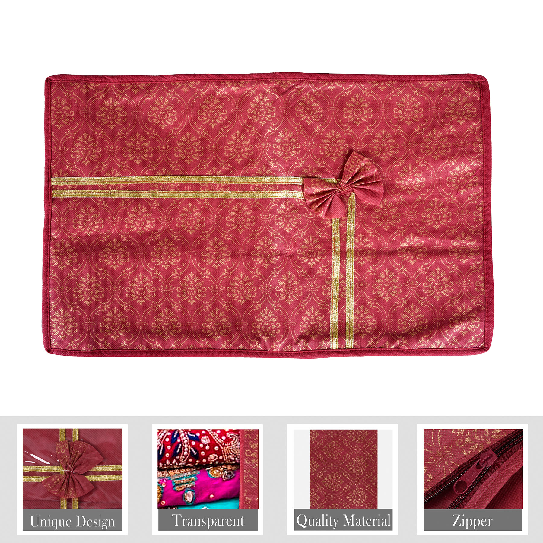 Kuber Industries Saree Cover  Zip Closure Saree Cover  Clothes Storage Bag  Wardrobe Organizer  Transparent Window Saree Cover  Bow Golden Printed  9 Inch  Pack of 3  Maroon
