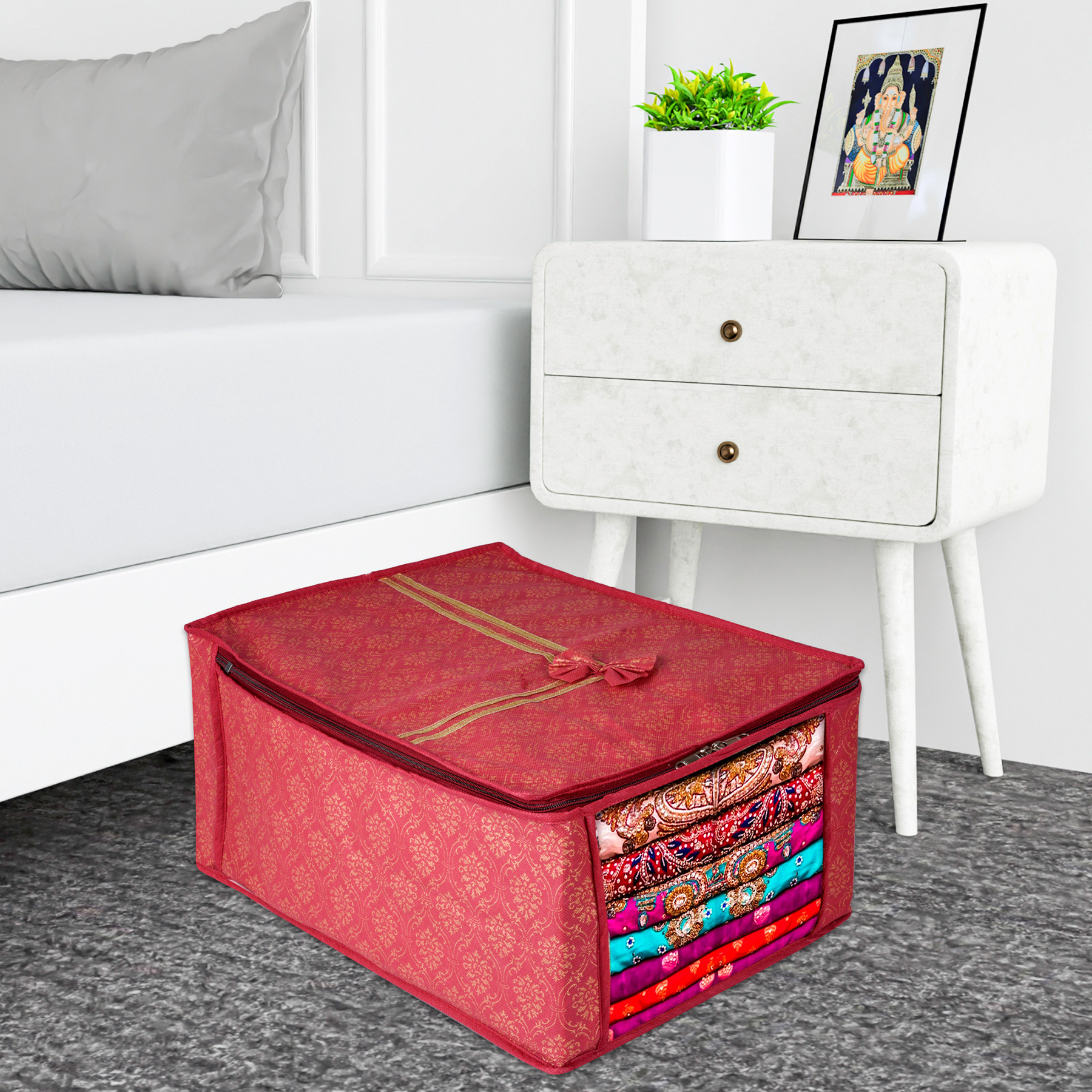 Kuber Industries Saree Cover  Zip Closure Saree Cover  Clothes Storage Bag  Wardrobe Organizer  Transparent Window Saree Cover  Bow Golden Printed  9 Inch  Pack of 3  Maroon