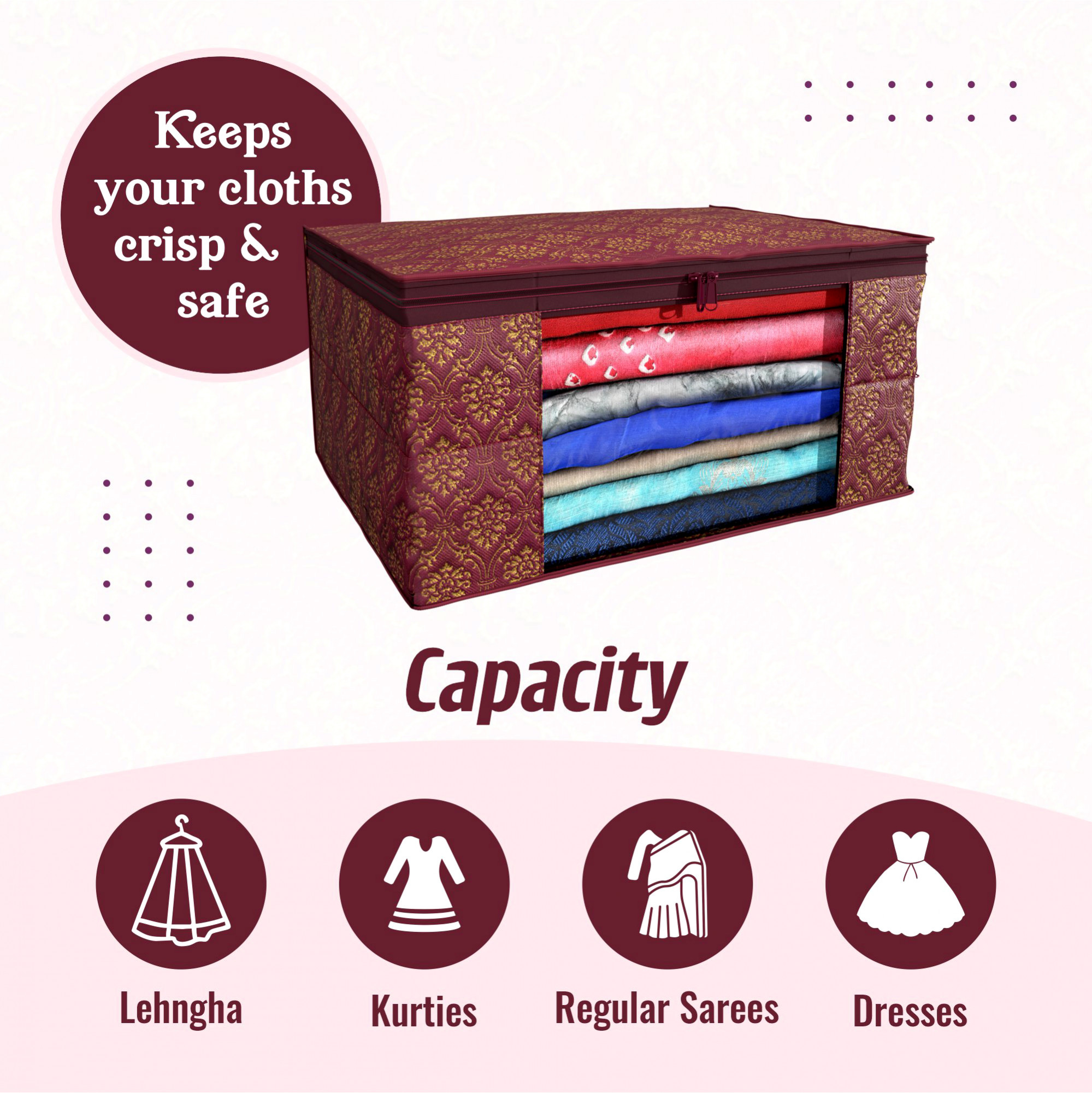 Kuber Industries Saree Cover  Zip Closure Saree Cover  Clothes Storage Bag  Wardrobe Organizer  Transparent Window Saree Cover  Golden Printed  9 Inch  Pack of 3  Maroon