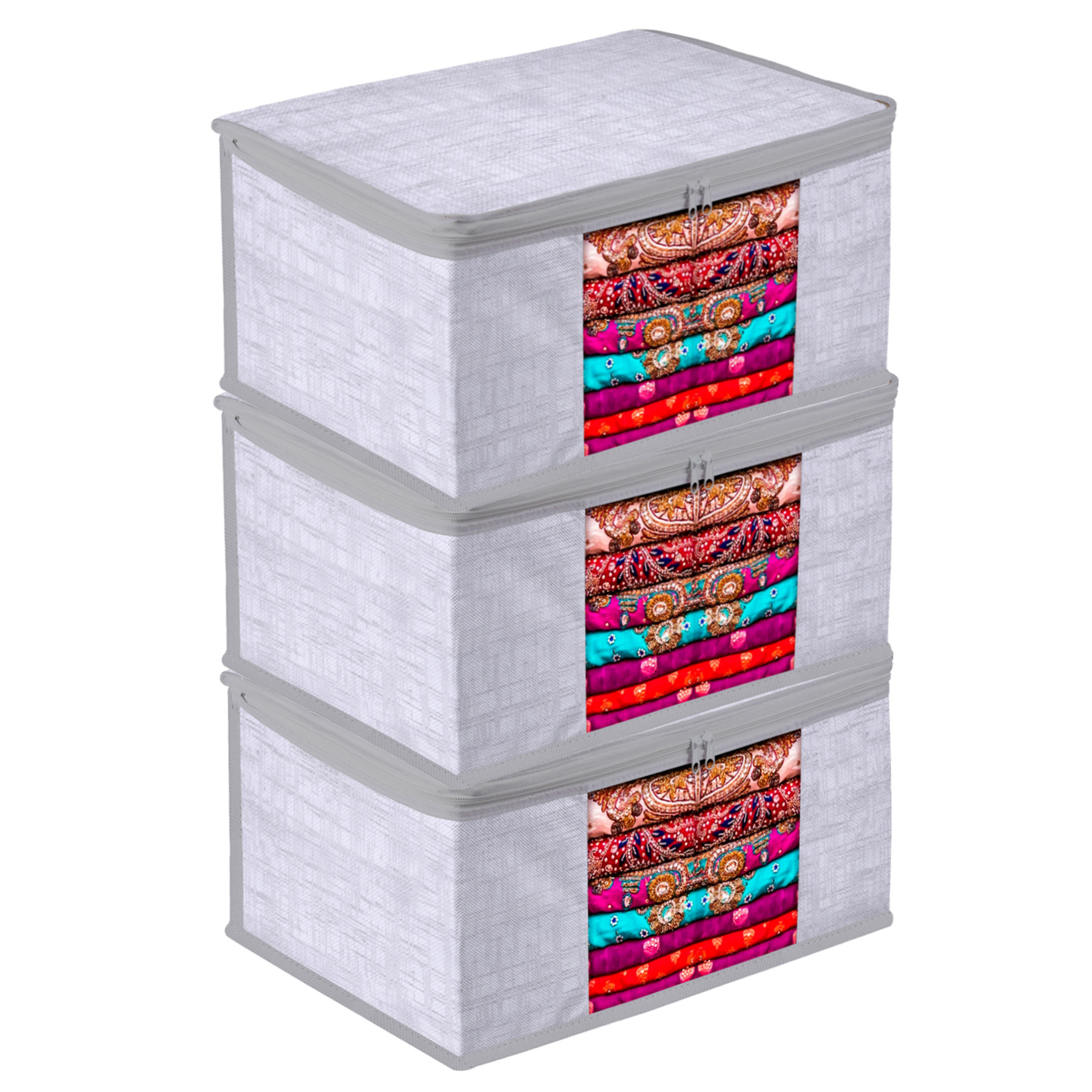 Kuber Industries Saree Cover | Zip Closure Saree Cover | Clothes Storage Bag | Wardrobe Organizer | Transparent Window Saree Cover | Jute Printed | 9 Inch |Gray