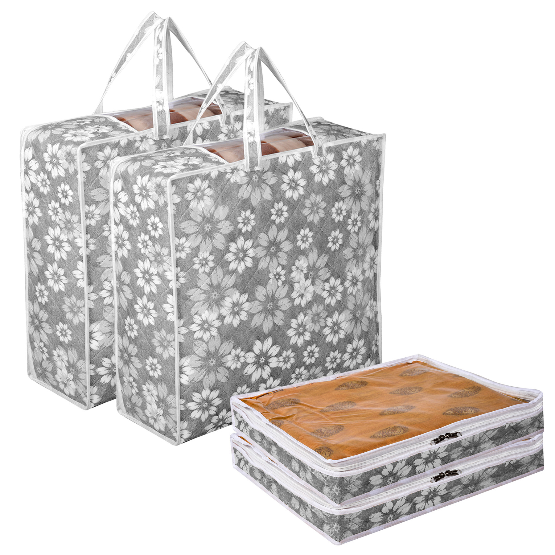 Kuber Industries Saree Cover  Blanket Cover Set Underbed Storage Bag Combo Set  Visible Window  Handle Storage Bag  Flower Quilted Gray