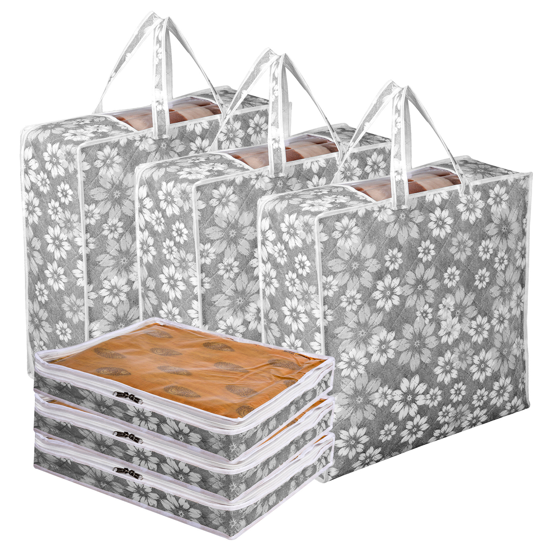 Kuber Industries Saree Cover  Blanket Cover Set Underbed Storage Bag Combo Set  Visible Window  Handle Storage Bag  Flower Quilted Gray
