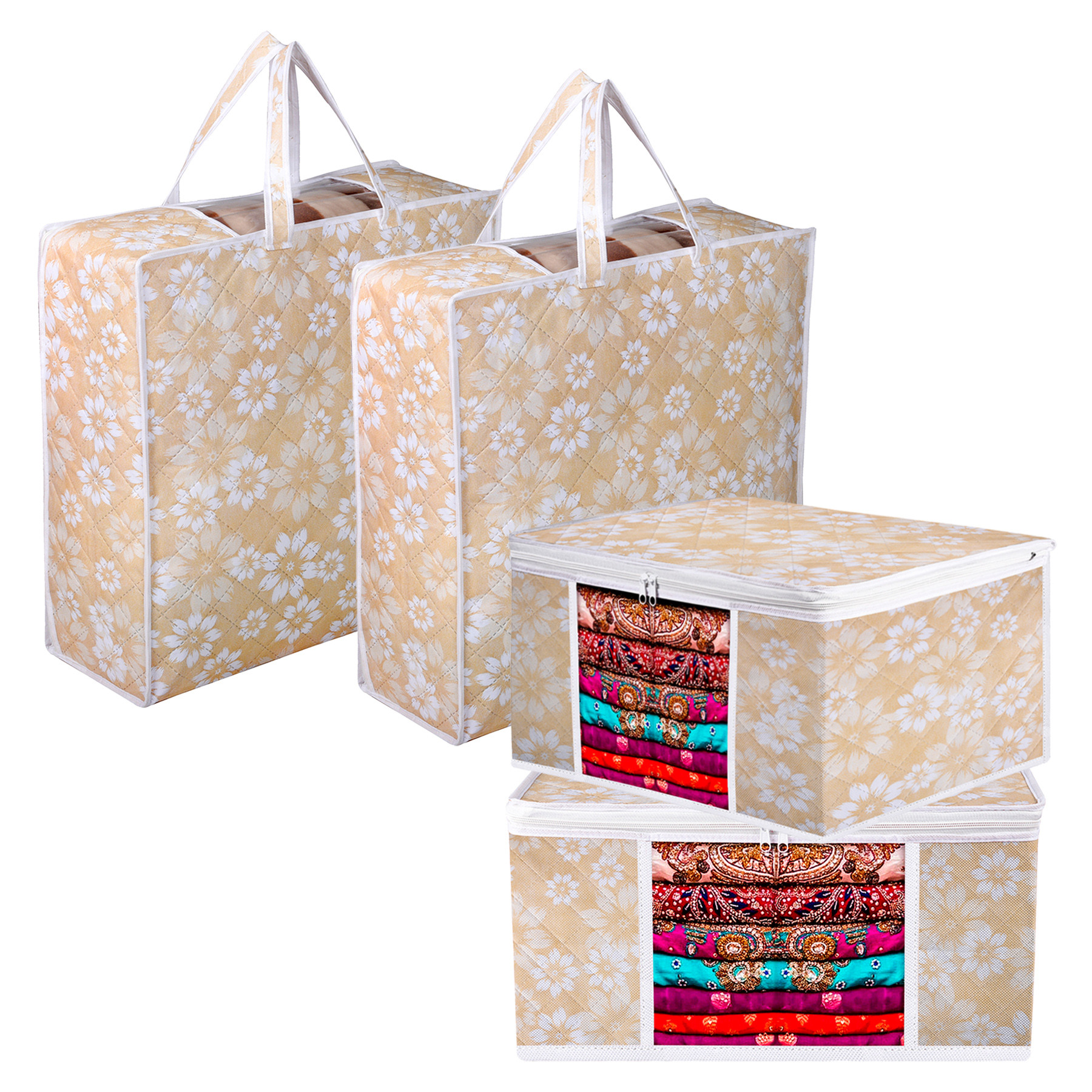 Kuber Industries Saree Cover & Blanket Cover Set |Underbed Storage Bag Combo Set | Visible Window & Handle Storage Bag | Flower Quilted | Golden