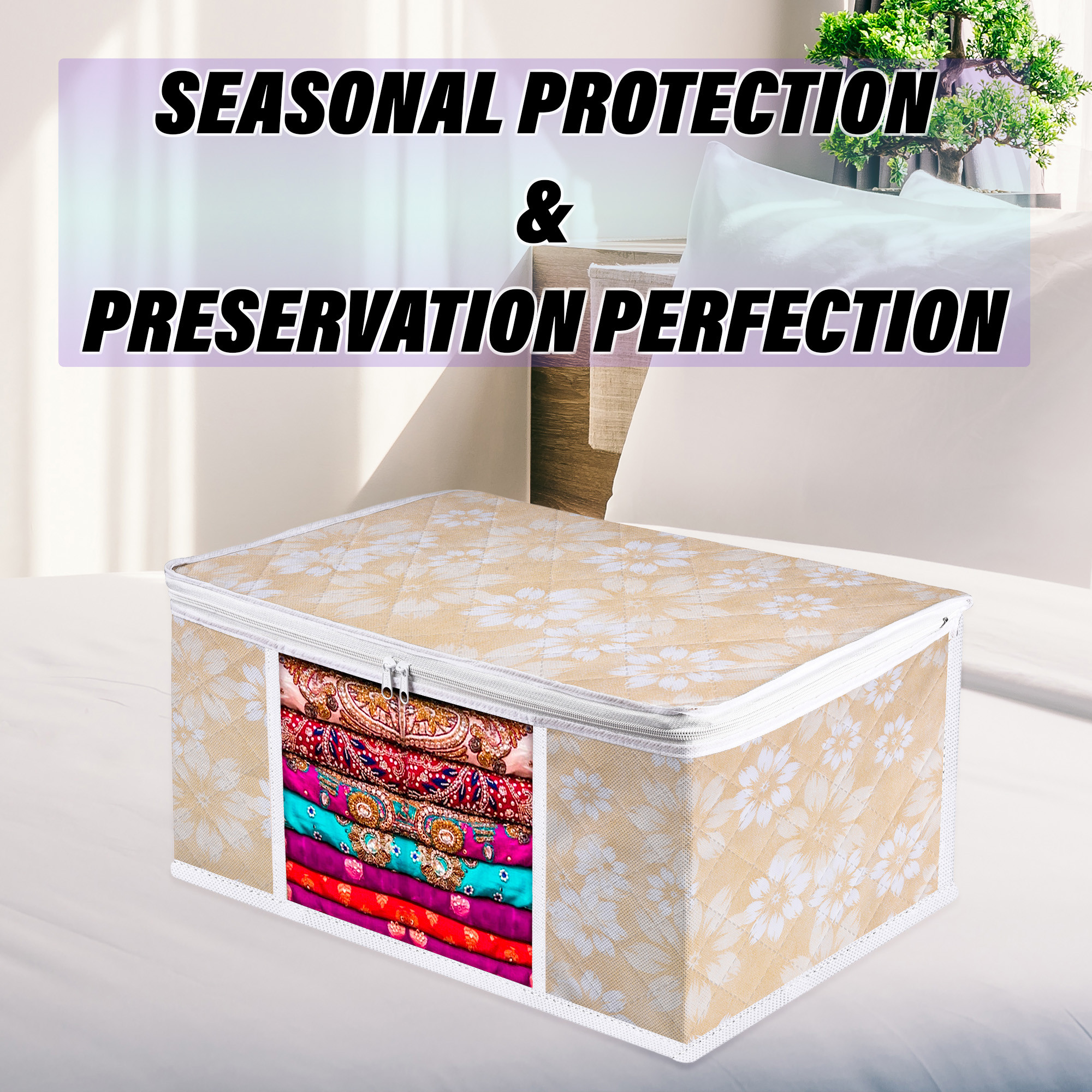 Kuber Industries Saree Cover & Blanket Cover Set |Underbed Storage Bag Combo Set | Visible Window & Handle Storage Bag | Flower Quilted | Golden