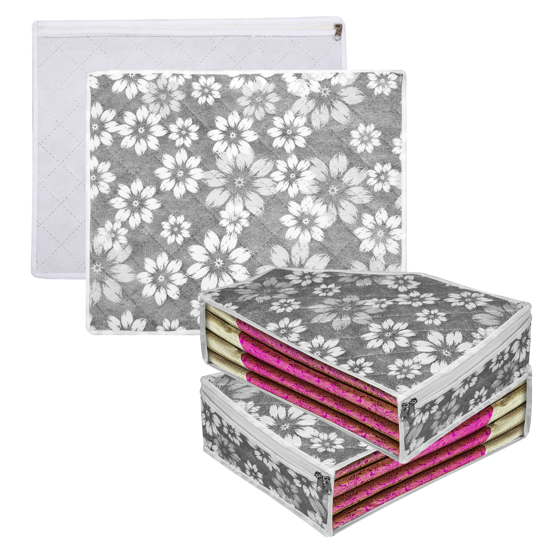 Kuber Industries Saree Cover & Blouse Cover Set | Waterproof Saree & Blouse Cover Combo Set | Visible Window Bag | Flower Quilted |Gray