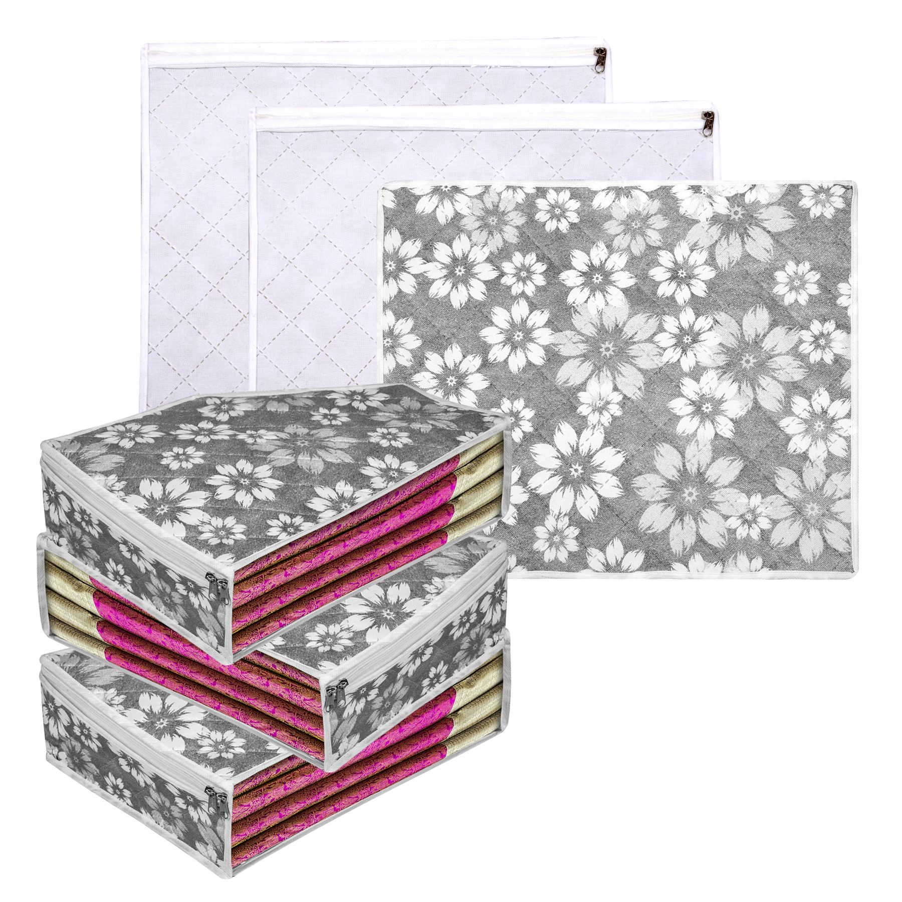 Kuber Industries Saree Cover & Blouse Cover Set | Waterproof Saree & Blouse Cover Combo Set | Visible Window Bag | Flower Quilted |Gray