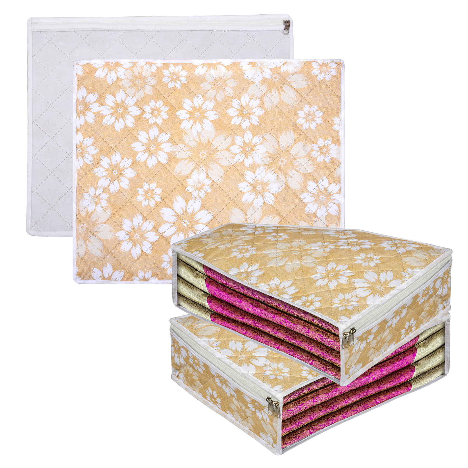 Kuber Industries Saree Cover & Blouse Cover Set | Waterproof Saree & Blouse Cover Combo Set | Visible Window Bag | Flower Quilted |Golden