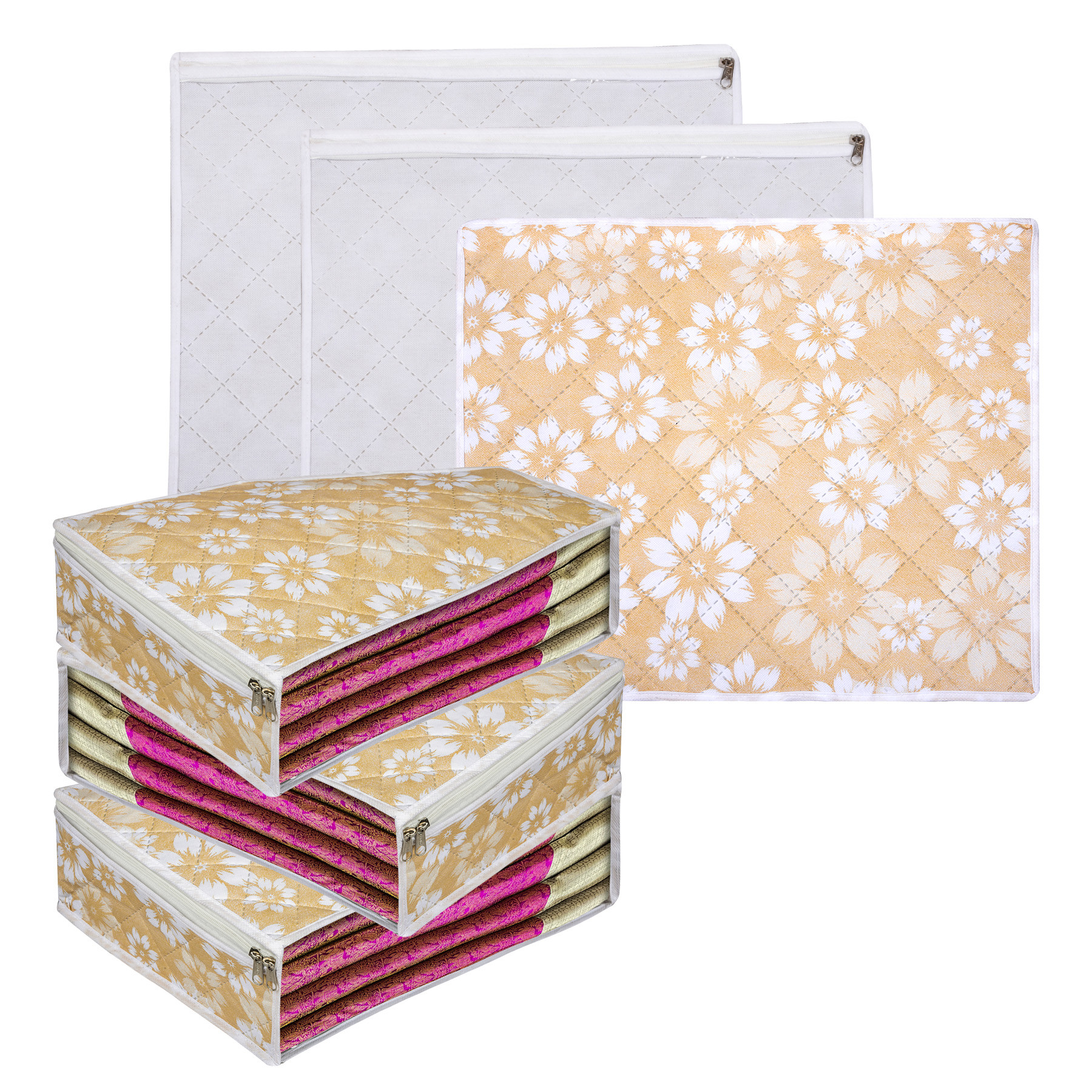 Kuber Industries Saree Cover & Blouse Cover Set | Waterproof Saree & Blouse Cover Combo Set | Visible Window Bag | Flower Quilted |Golden