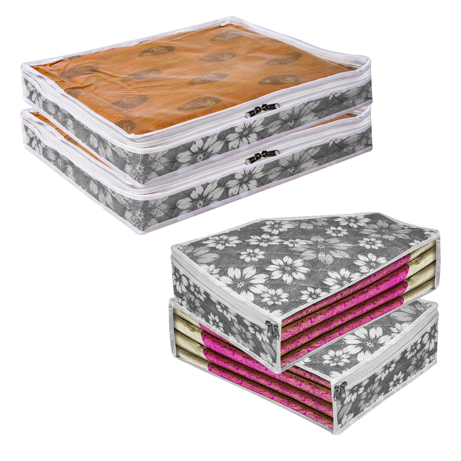 Kuber Industries Saree Cover & Blouse Cover Set | Waterproof Saree & Blouse Cover Combo Set | Visible Window Bag | Flower Quilted |Gray