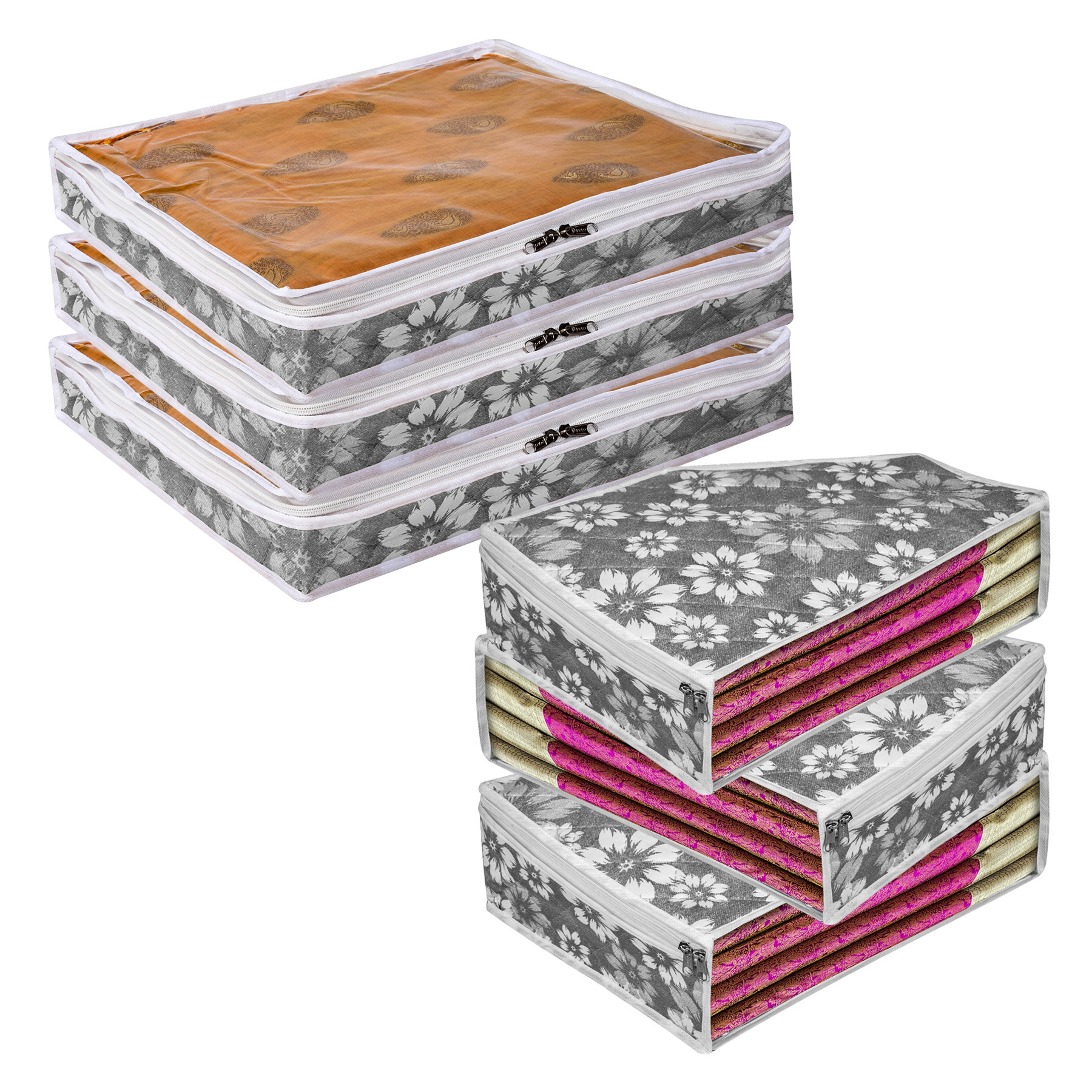 Kuber Industries Saree Cover & Blouse Cover Set | Waterproof Saree & Blouse Cover Combo Set | Visible Window Bag | Flower Quilted |Gray