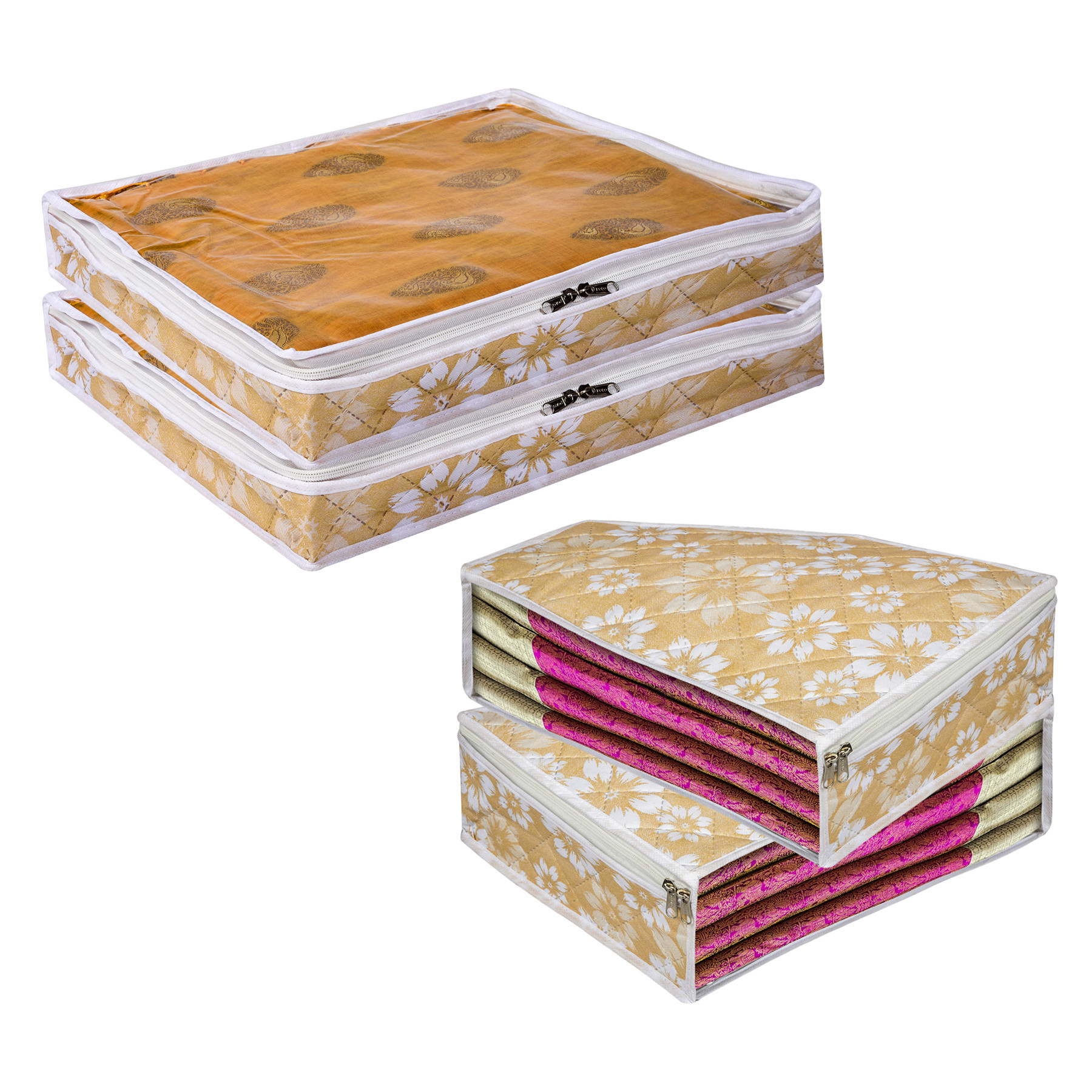 Kuber Industries Saree Cover & Blouse Cover Set | Waterproof Saree & Blouse Cover Combo Set | Visible Window Bag | Flower Quilted |Golden