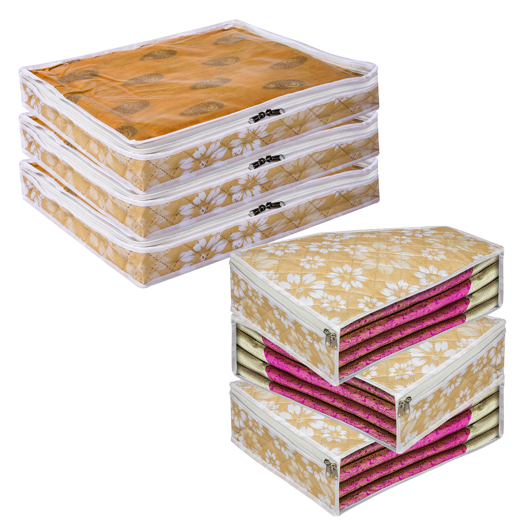 Kuber Industries Saree Cover & Blouse Cover Set | Waterproof Saree & Blouse Cover Combo Set | Visible Window Bag | Flower Quilted |Golden
