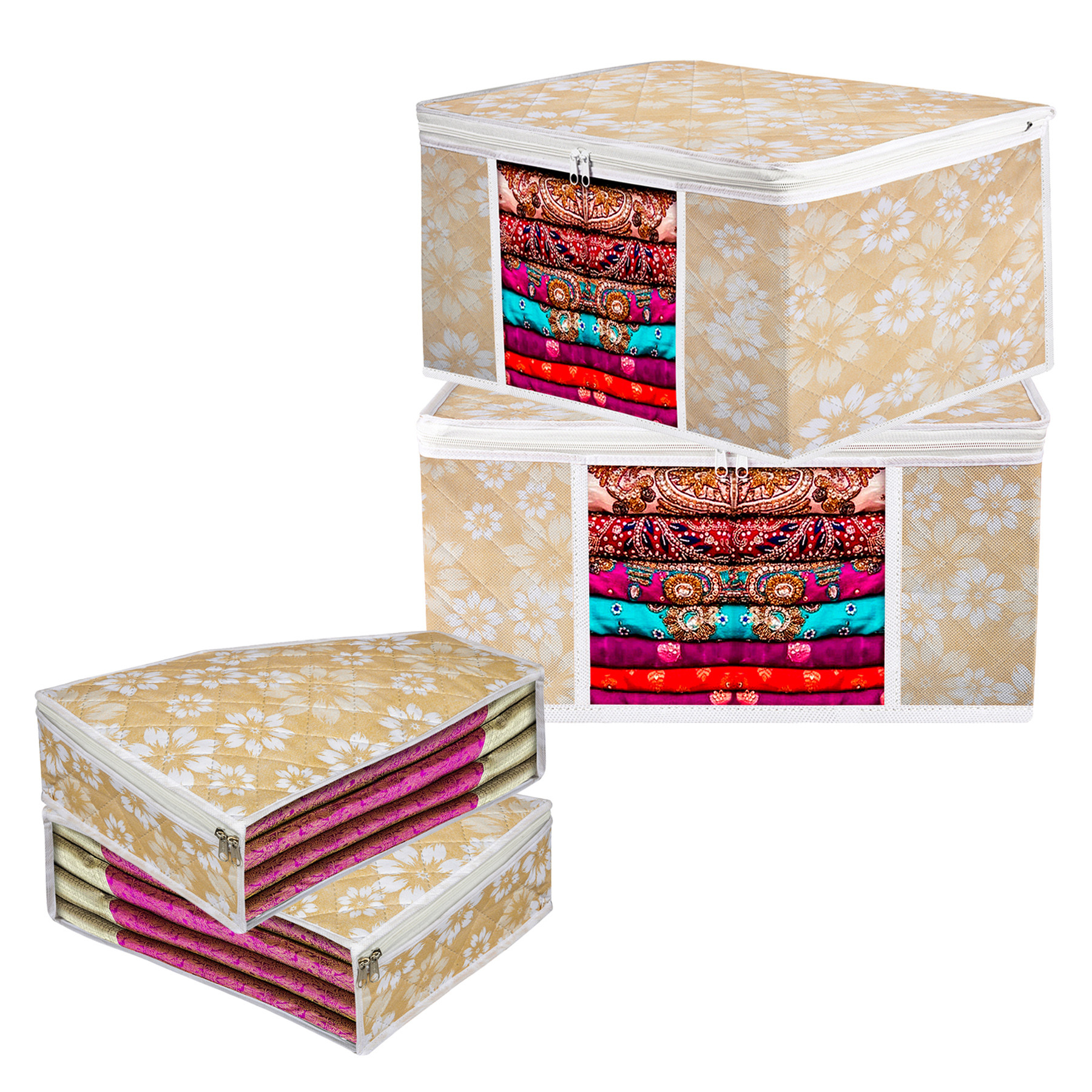 Kuber Industries Saree Cover & Blouse Cover Set | Waterproof Saree & Blouse Cover Combo Set | Visible Window Bag | Flower Quilted | Golden