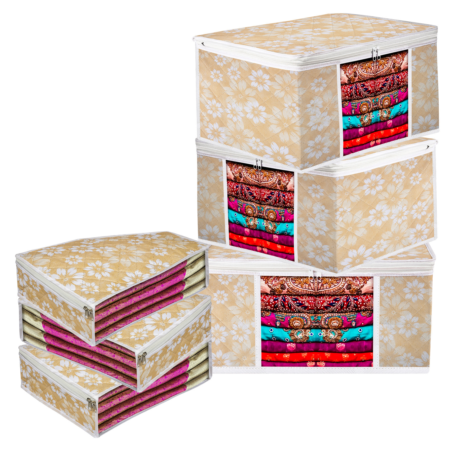 Kuber Industries Saree Cover & Blouse Cover Set | Waterproof Saree & Blouse Cover Combo Set | Visible Window Bag | Flower Quilted | Golden