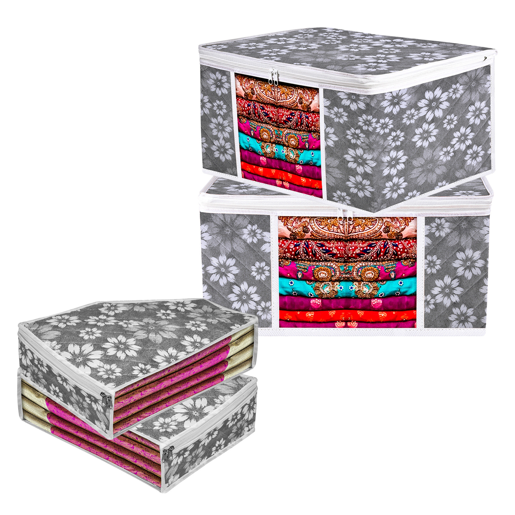 Kuber Industries Saree Cover & Blouse Cover Set | Waterproof Saree & Blouse Cover Combo Set |Visible Window Bag | Flower Quilted |Gray