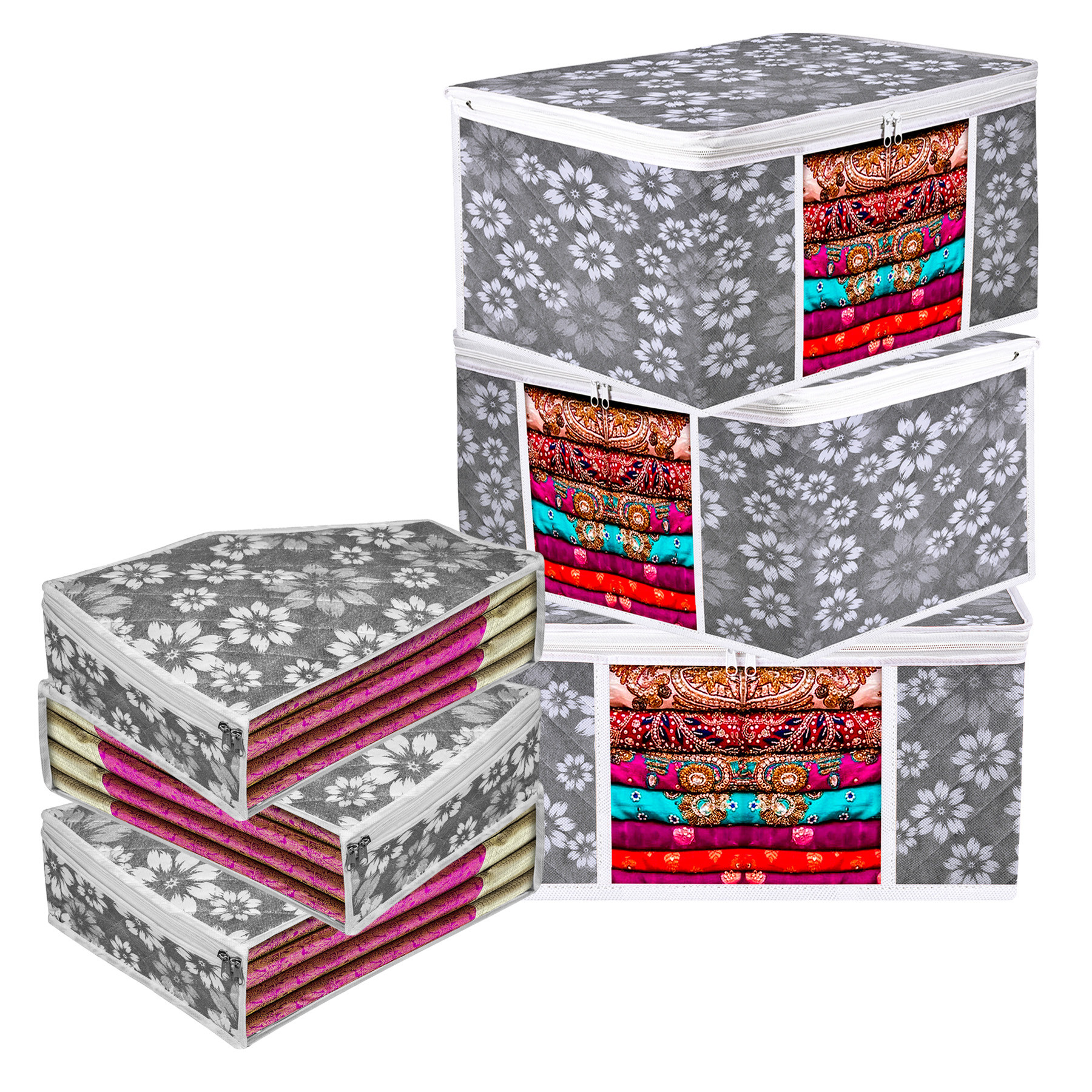 Kuber Industries Saree Cover & Blouse Cover Set | Waterproof Saree & Blouse Cover Combo Set |Visible Window Bag | Flower Quilted |Gray