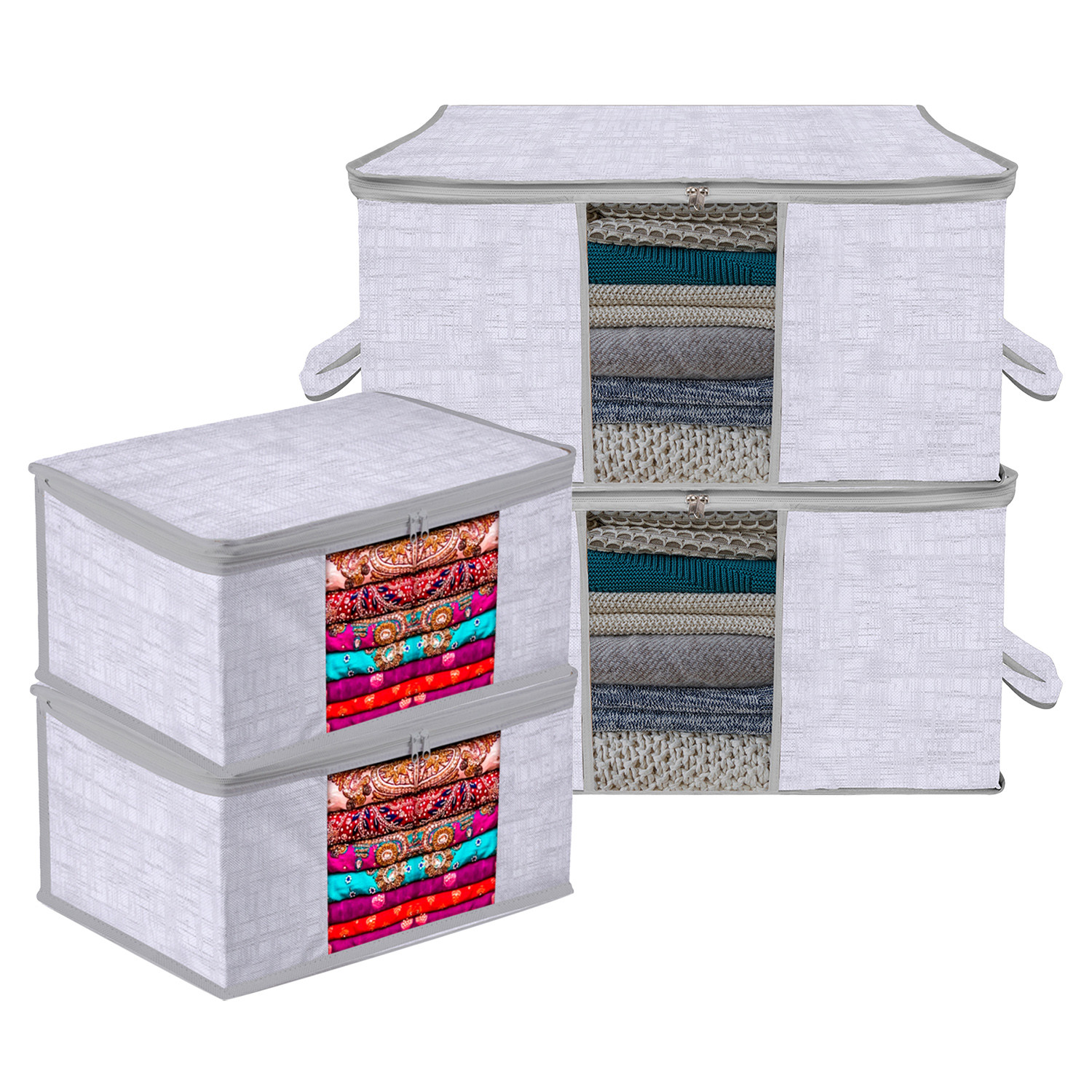 Kuber Industries Saree Cover & Underbed Storage Bag Set | 2 Pieces Saree & 2 Pieces Underbed Storage Bag Combo Set | Zipper Closure & Handle | Jute Printed |Gray