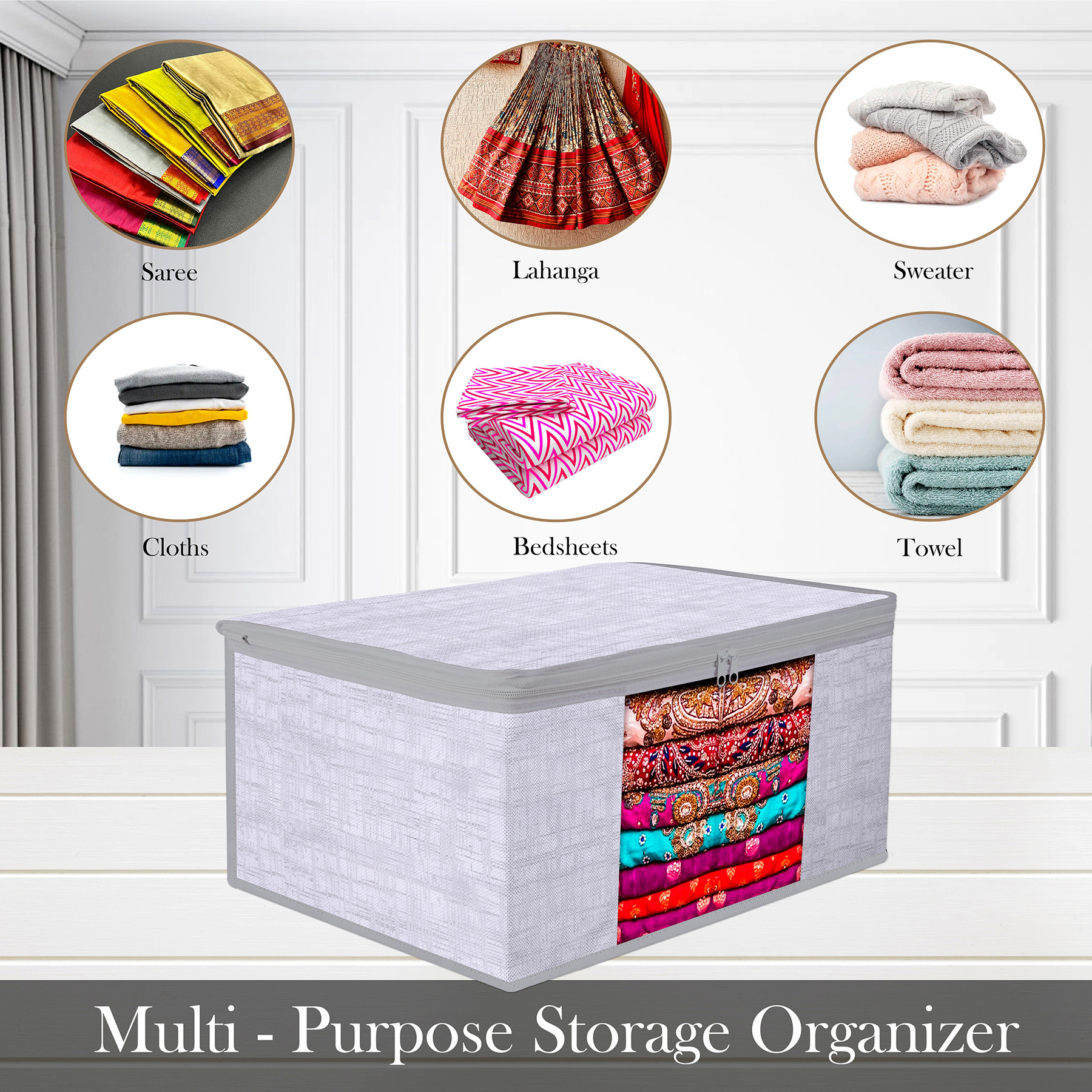 Kuber Industries Saree Cover & Underbed Storage Bag Set | 2 Pieces Saree & 2 Pieces Underbed Storage Bag Combo Set | Zipper Closure & Handle | Jute Printed |Gray
