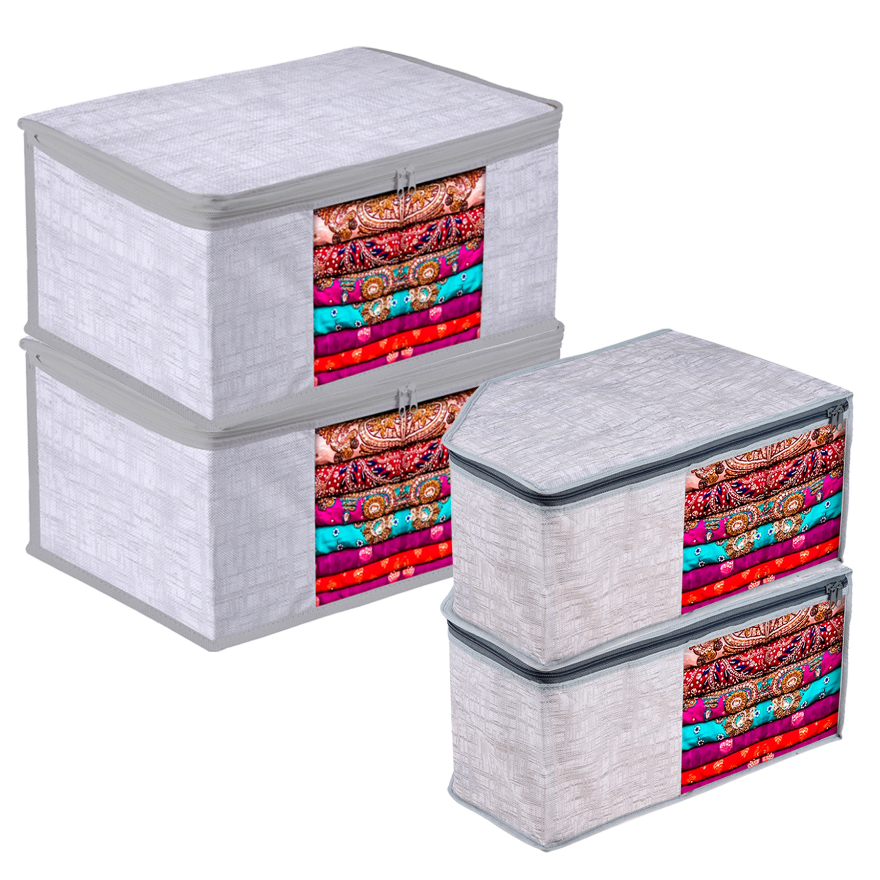 Kuber Industries Saree Cover & Underbed Storage Bag Set | 2 Pieces Saree & 2 Pieces Underbed Storage Bag Combo Set | Zipper Closure & Handle | Jute Printed |Gray