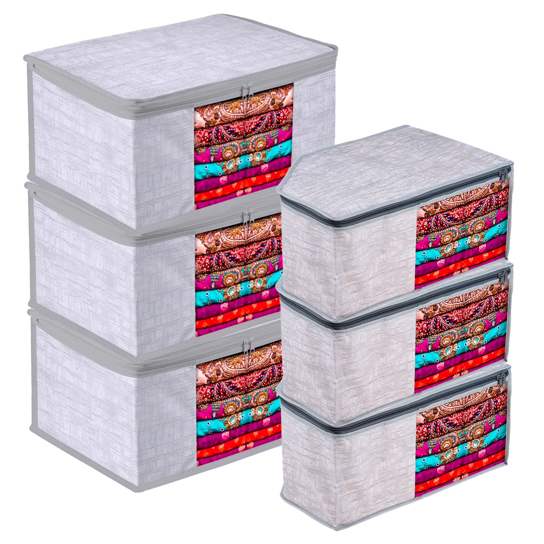 Kuber Industries Saree Cover & Underbed Storage Bag Set | 2 Pieces Saree & 2 Pieces Underbed Storage Bag Combo Set | Zipper Closure & Handle | Jute Printed |Gray
