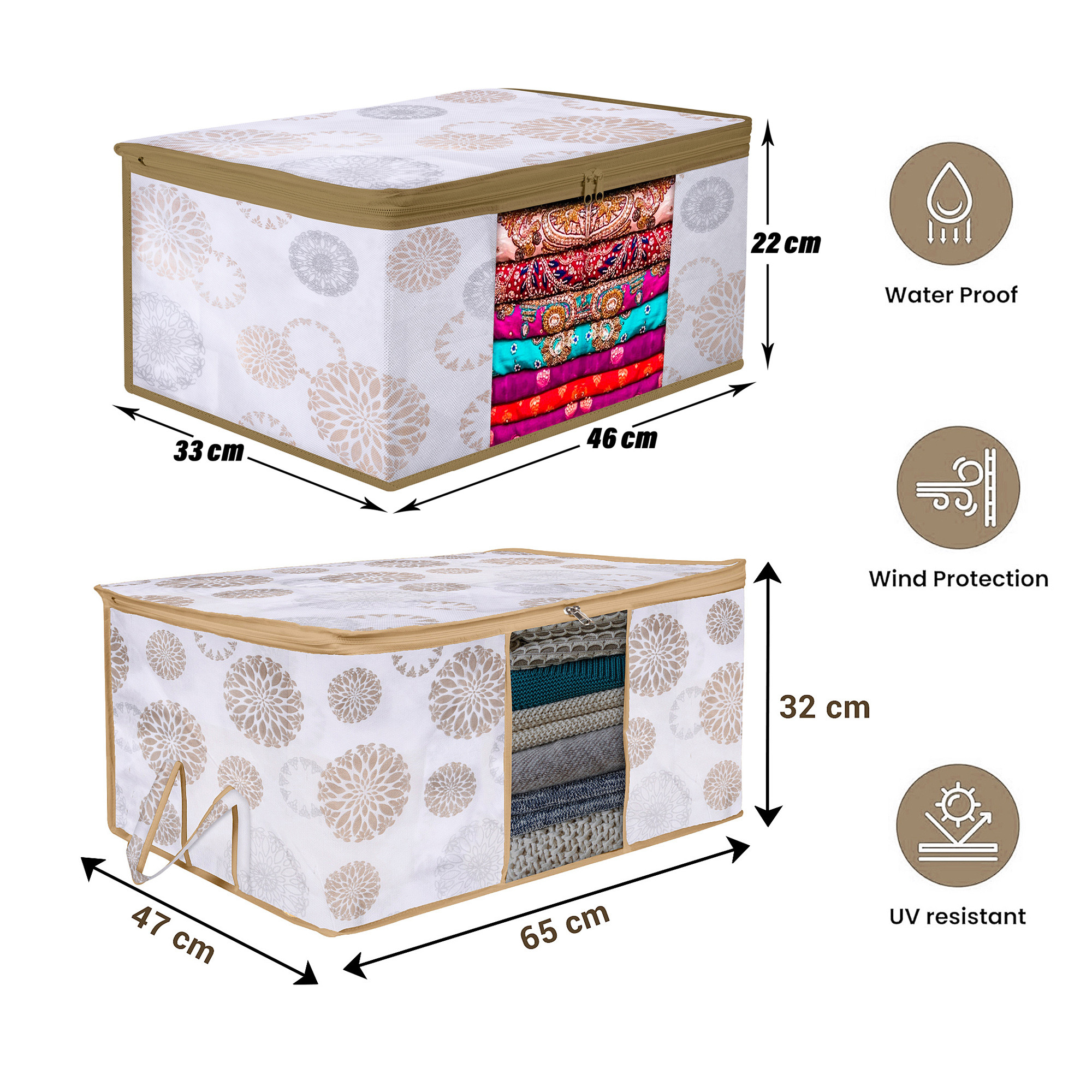 Kuber Industries Saree Cover & Underbed Storage Bag Set |Saree & Underbed Storage Bag Combo Set | Visible Window & Handle Storage Bag | Gola-Print | White