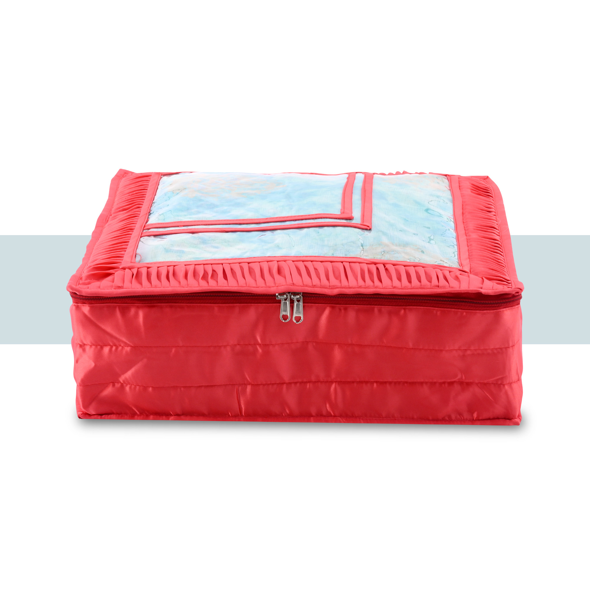 Kuber Industries Saree Storage Bag  6 Inch  Satin Wardrobe Storage Bag  Garment Cover for Lehenga-Suit  Top Visible Window Bag  Lightweight-Portable Clothes Bag  Frill Design  Red