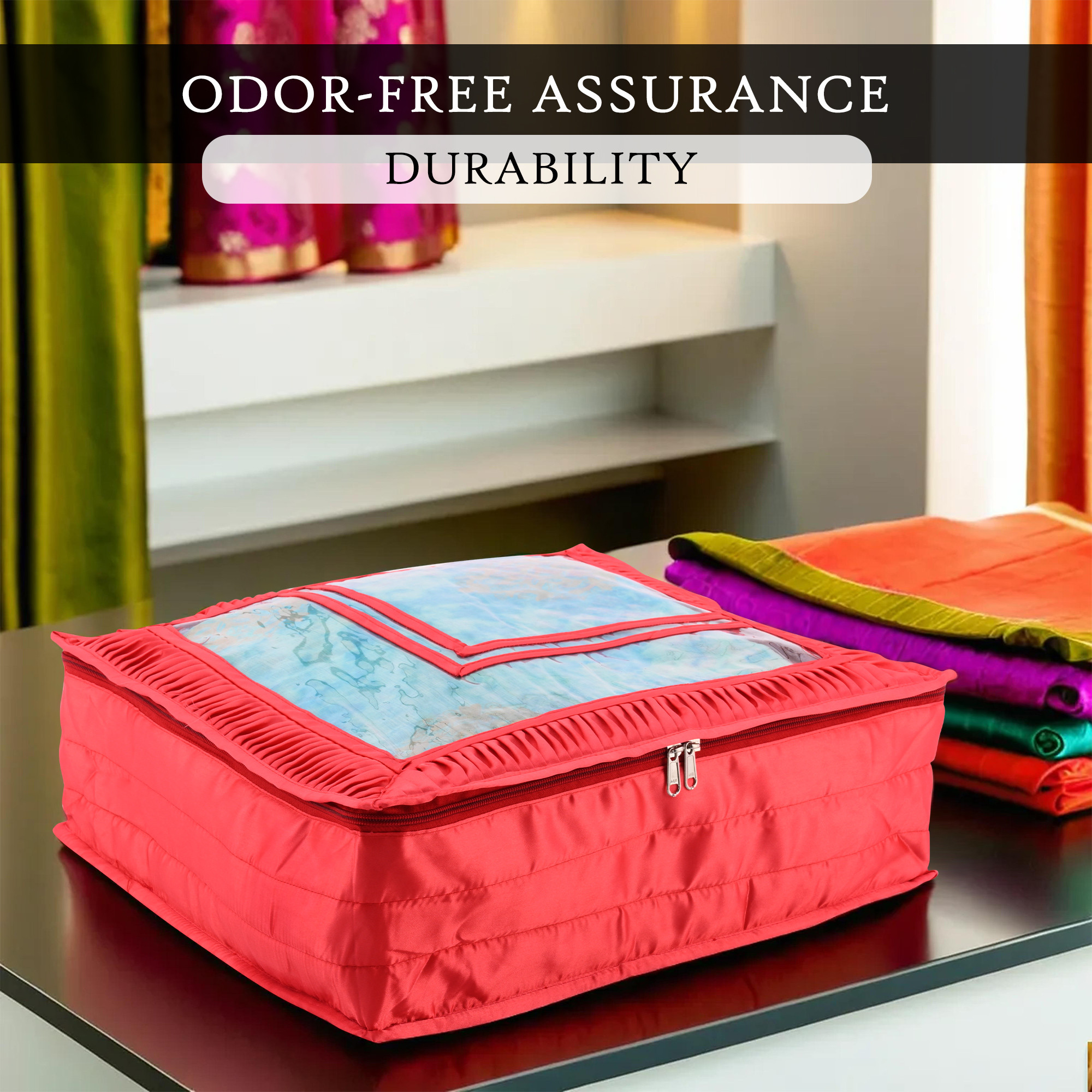 Kuber Industries Saree Storage Bag  6 Inch  Satin Wardrobe Storage Bag  Garment Cover for Lehenga-Suit  Top Visible Window Bag  Lightweight-Portable Clothes Bag  Frill Design  Red