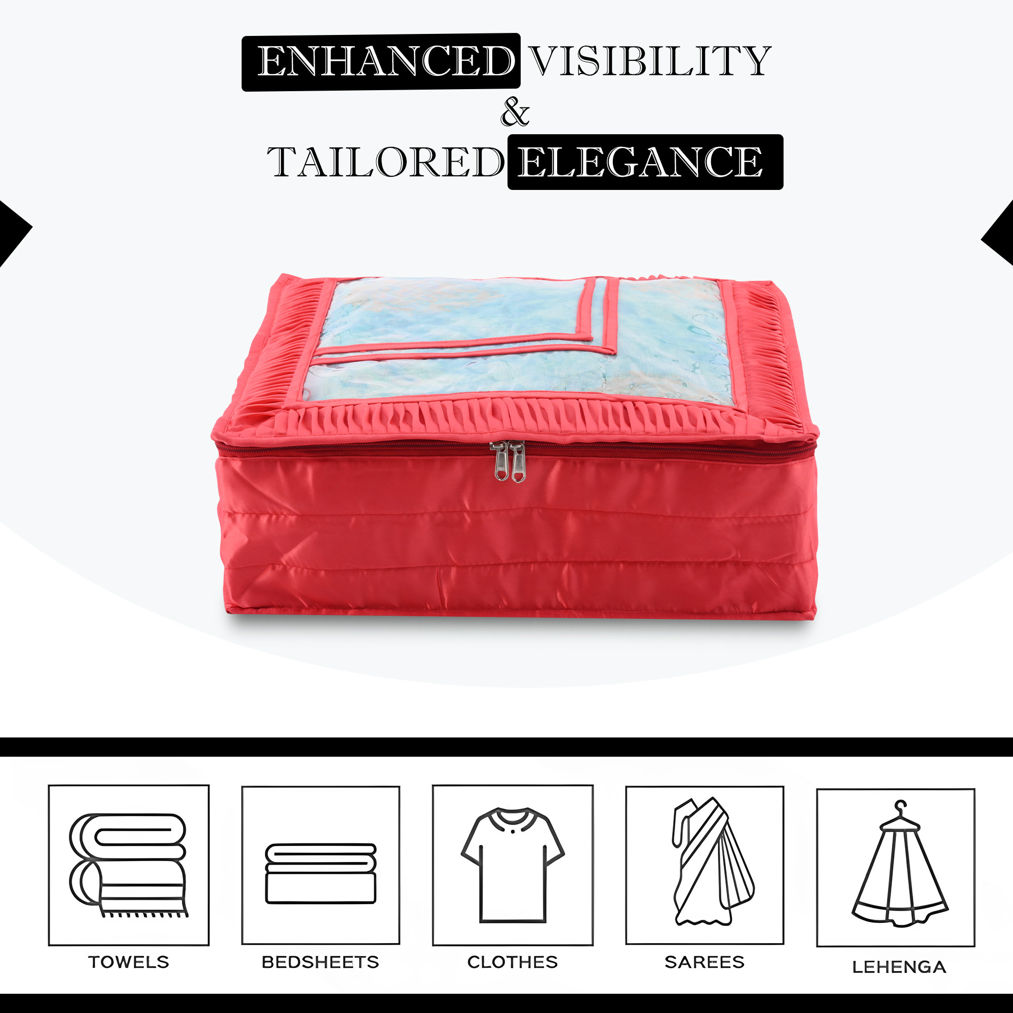 Kuber Industries Saree Storage Bag  6 Inch  Satin Wardrobe Storage Bag  Garment Cover for Lehenga-Suit  Top Visible Window Bag  Lightweight-Portable Clothes Bag  Frill Design  Red