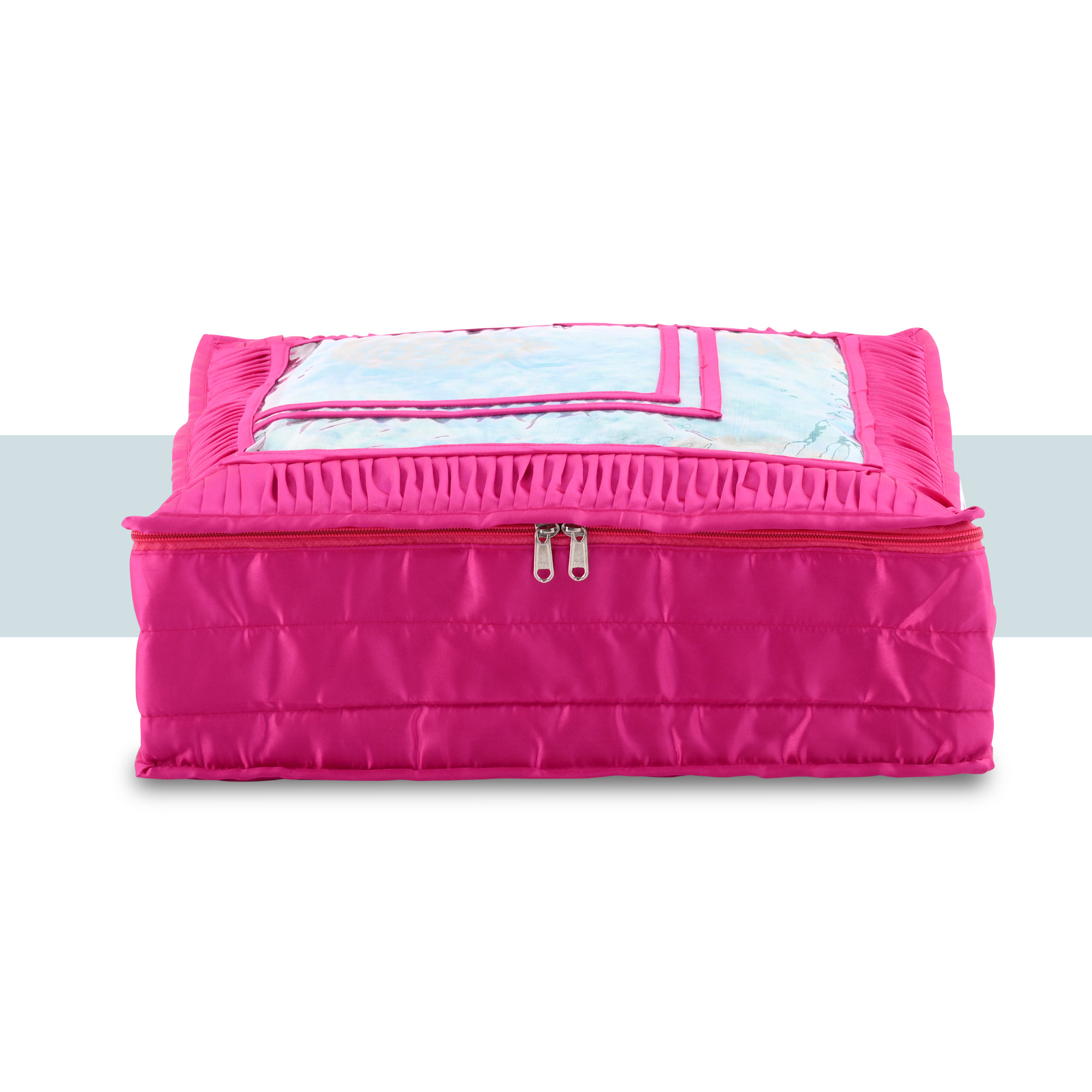 Kuber Industries Saree Storage Bag  6 Inch  Satin Wardrobe Storage Bag  Garment Cover for Lehenga-Suit  Top Visible Window Bag  Lightweight-Portable Clothes Bag  Frill Design  Rani