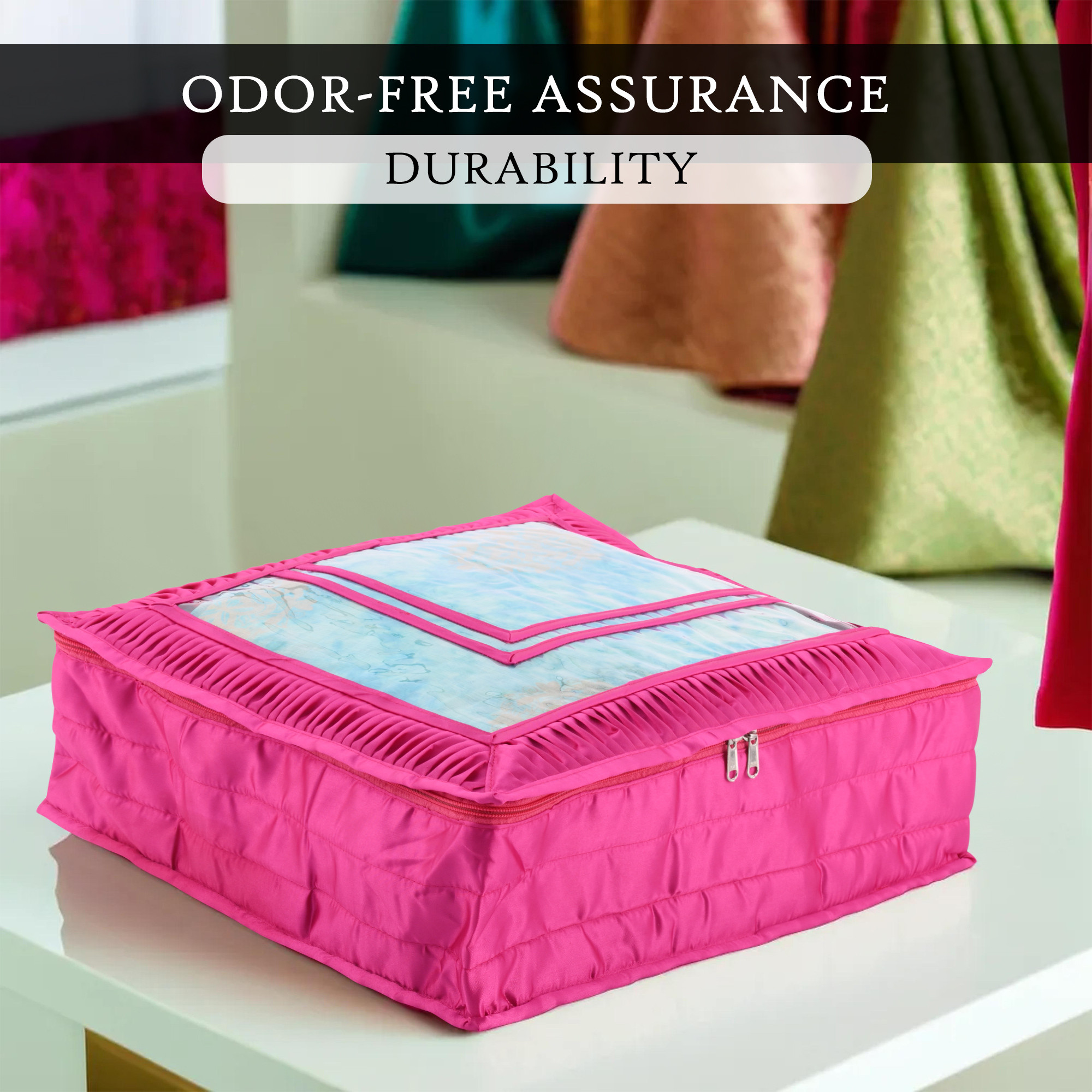 Kuber Industries Saree Storage Bag  6 Inch  Satin Wardrobe Storage Bag  Garment Cover for Lehenga-Suit  Top Visible Window Bag  Lightweight-Portable Clothes Bag  Frill Design  Rani