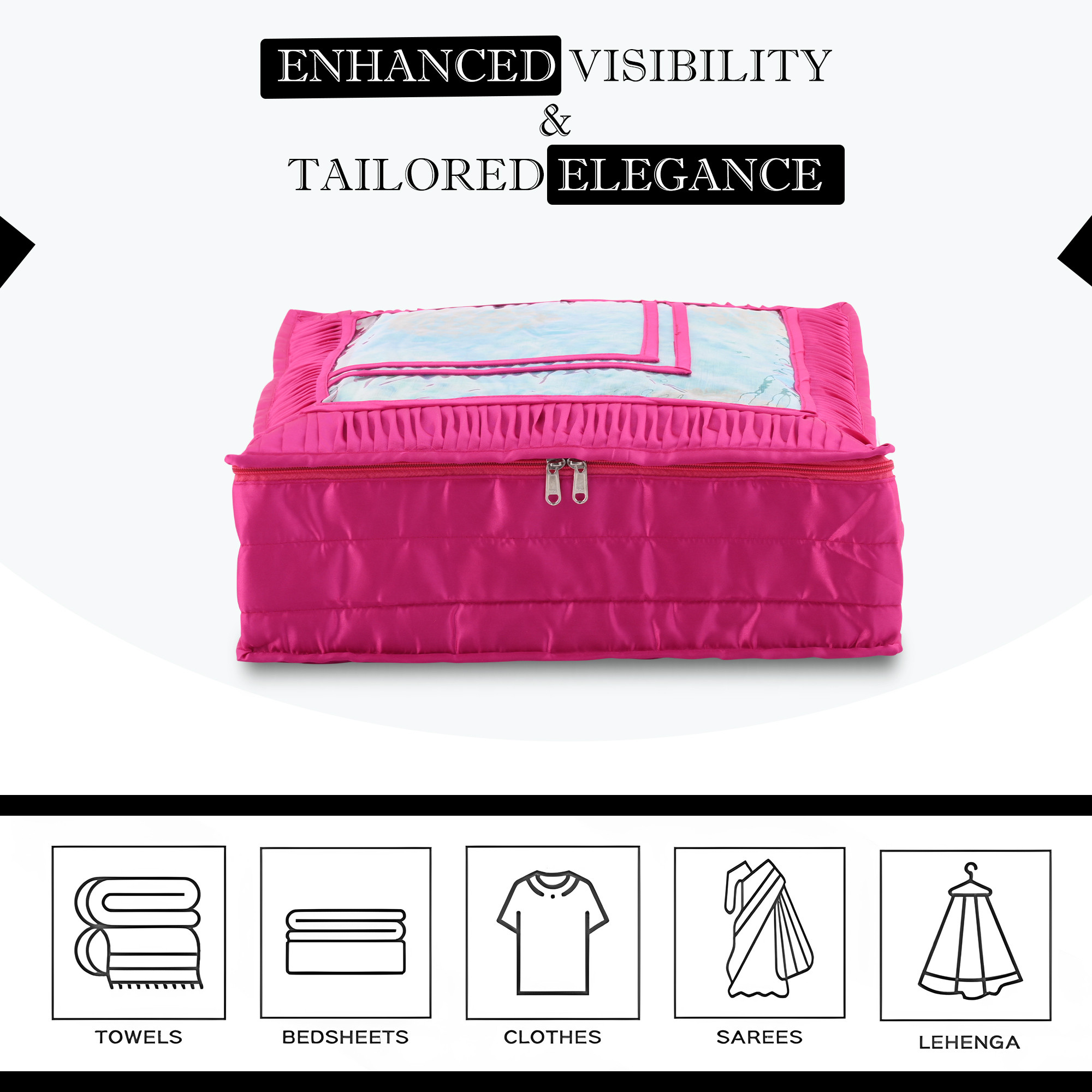 Kuber Industries Saree Storage Bag  6 Inch  Satin Wardrobe Storage Bag  Garment Cover for Lehenga-Suit  Top Visible Window Bag  Lightweight-Portable Clothes Bag  Frill Design  Rani